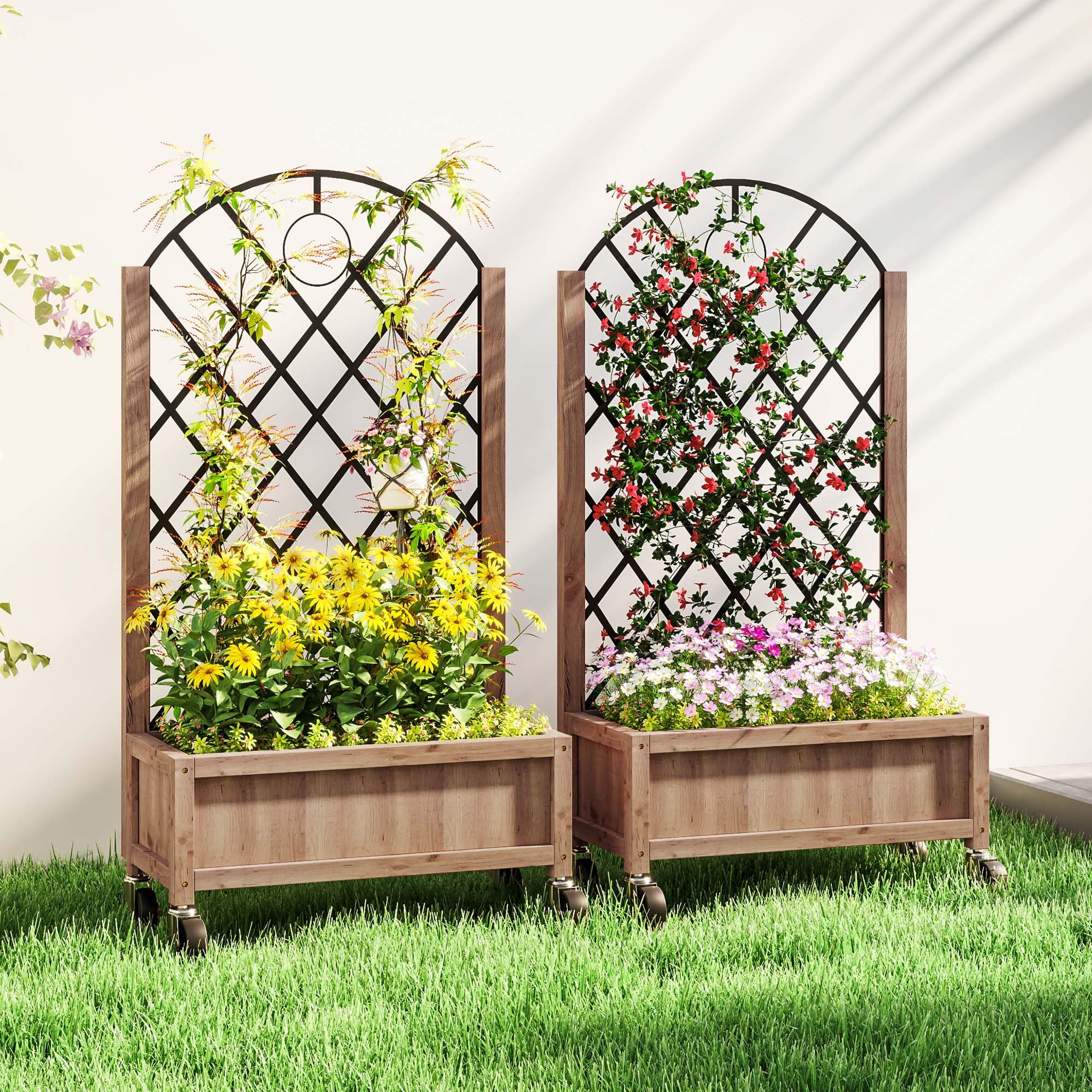 Outsunny Juego de 2 Jardineras de Exterior con Ruedas 52x25x97 cm Natural | Jardineras con Celosía Metálica, para Plantas Trepadoras, Maceteros para Jardín Terraza Patio