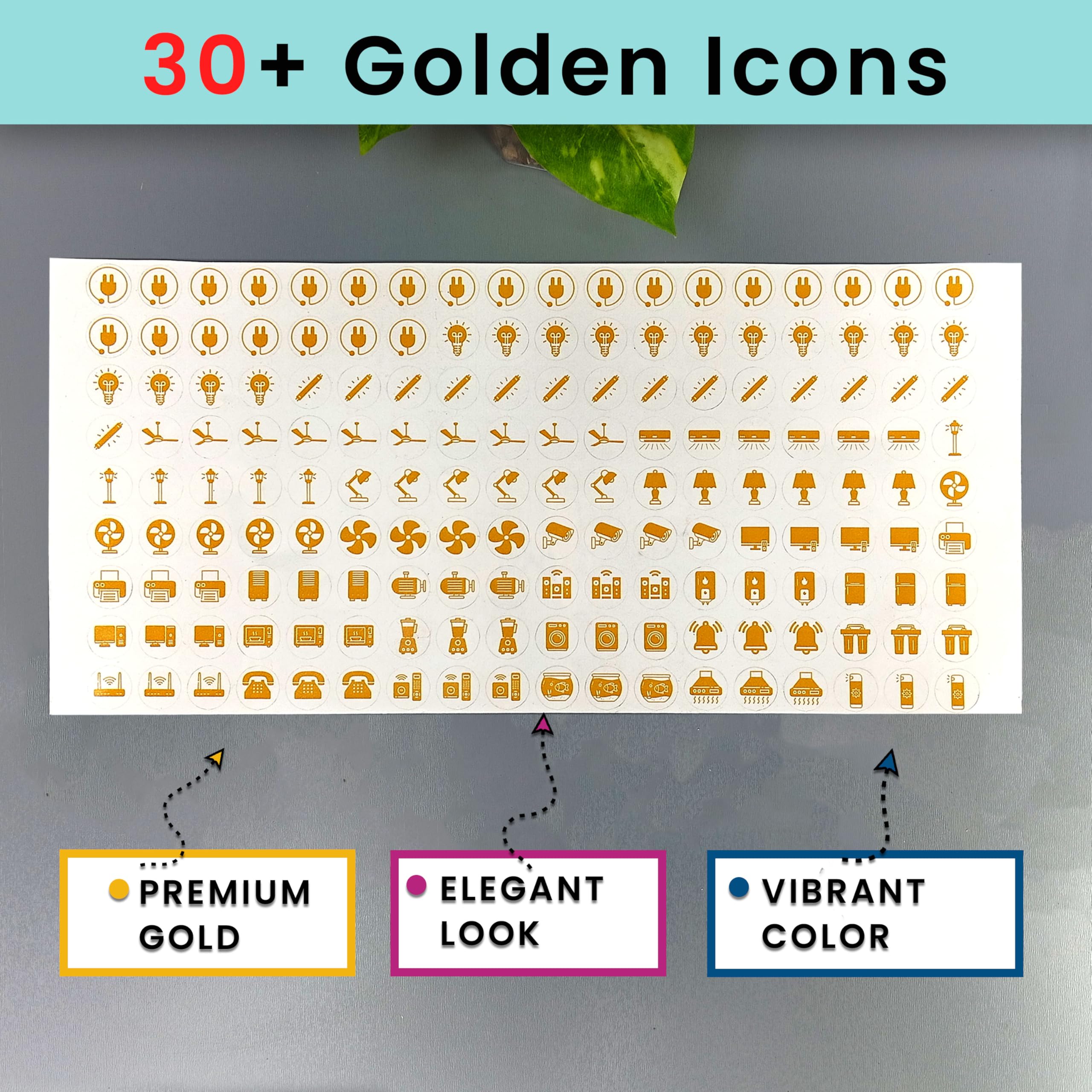Gold Switch Board Stickers for Home | 500+ Labels with 30+ Icons for Fan Light AC Fridge | Elegant Electric Switch Stickers for Button Labeling | Decorative Modular Switch Panels 1