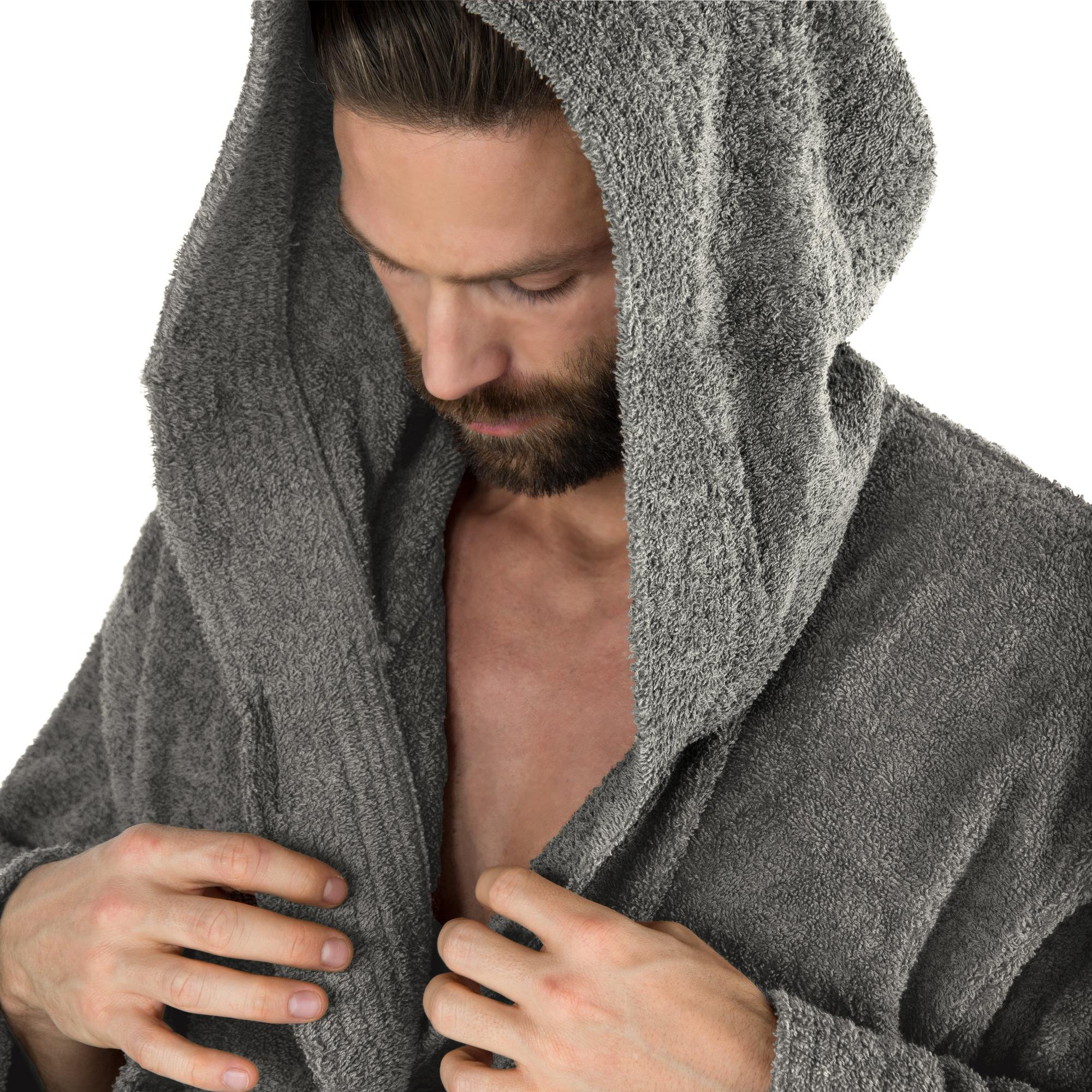 CelinaTex Szlafrok Montana, z kapturem, jednokolorowy, długi, naszyte kieszenie, szwy, kobiety, mężczyźni, unisex, 100% bawełna, ciemnoszary, XL