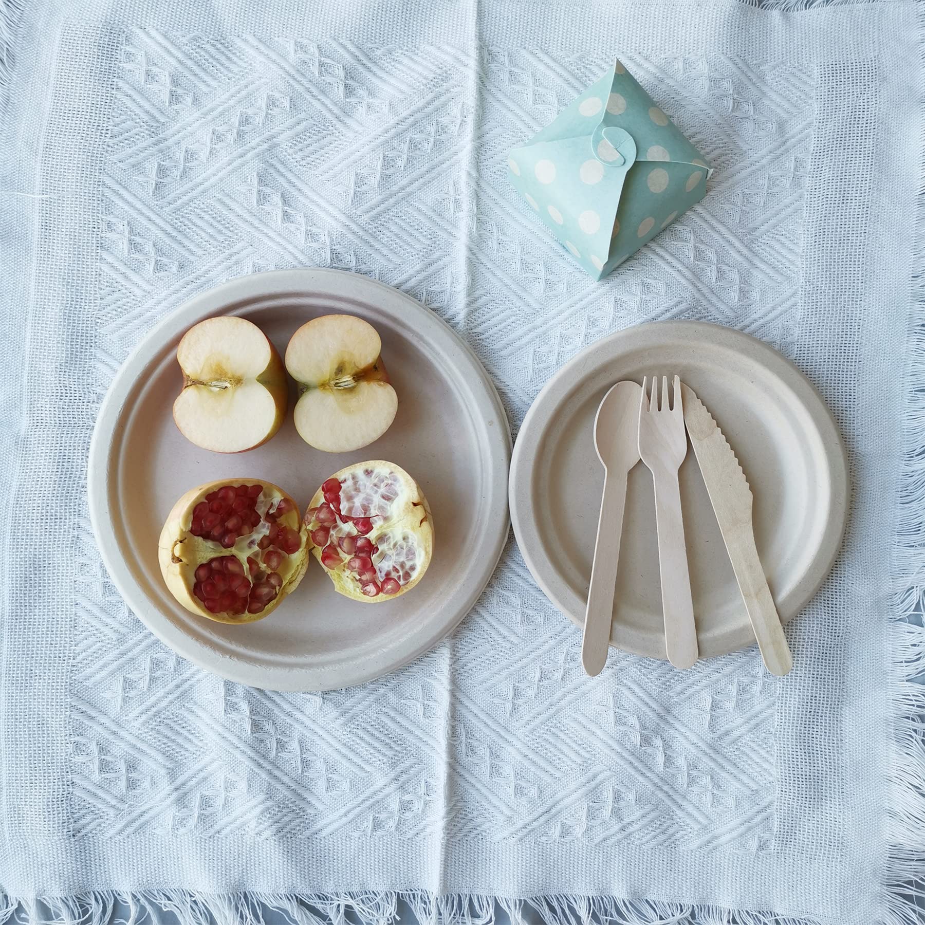 Assiettes et couverts en carton biodégradables jetables compostables en bagasse de canne à sucre, comprenant des plats de 7'' et 9'', fourchettes, couteaux et cuillères, barbecue, camping