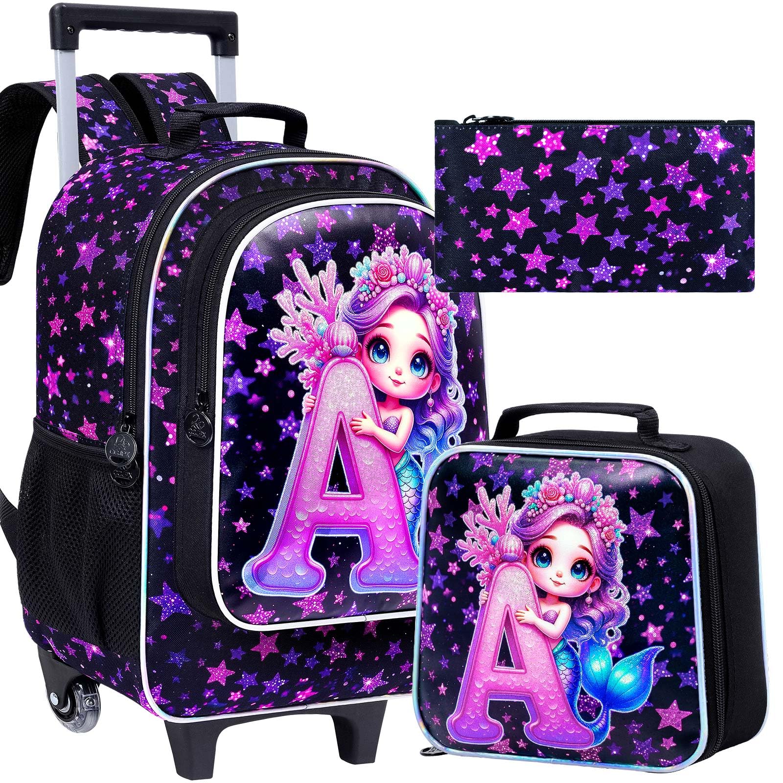 CCJPX 18" Mermaid Rolling Backpack for Girls, 3Pcs Kids Wheeled Bookbag with Lunch Box, Lightweight Roller School Bag for Elementary Preschool (Black)