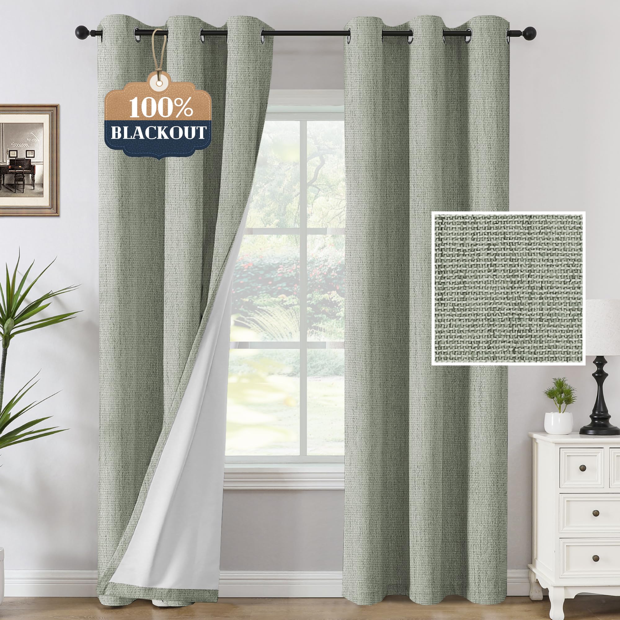 h.versailtex 100% blackout curtains linen textured chenille curtains thermal insulated curtain panels with white flocking coating back, 42" w x 84" l, heathered sage(not solid)