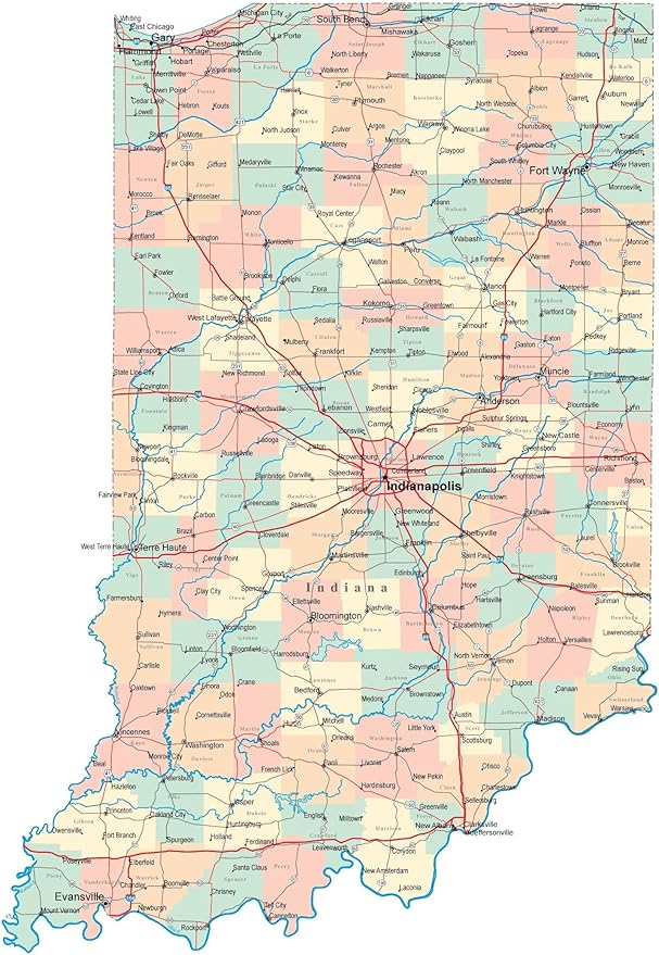 Map Of Indiana Towns Large Administrative Map Of Indiana State With Roads, Highways And Cities  Vivid Imagery Laminated Poster Print-17 Inch By 22 Inch Laminated Poster  With Bright Colors : Amazon.co.uk: Stationery & Office Supplies