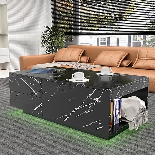 Buenhomino Mesa de centro LED con tapa deslizante extensible de almacenamiento, 43-63 pulgadas, mármol sintético de alto brillo, mesas de café