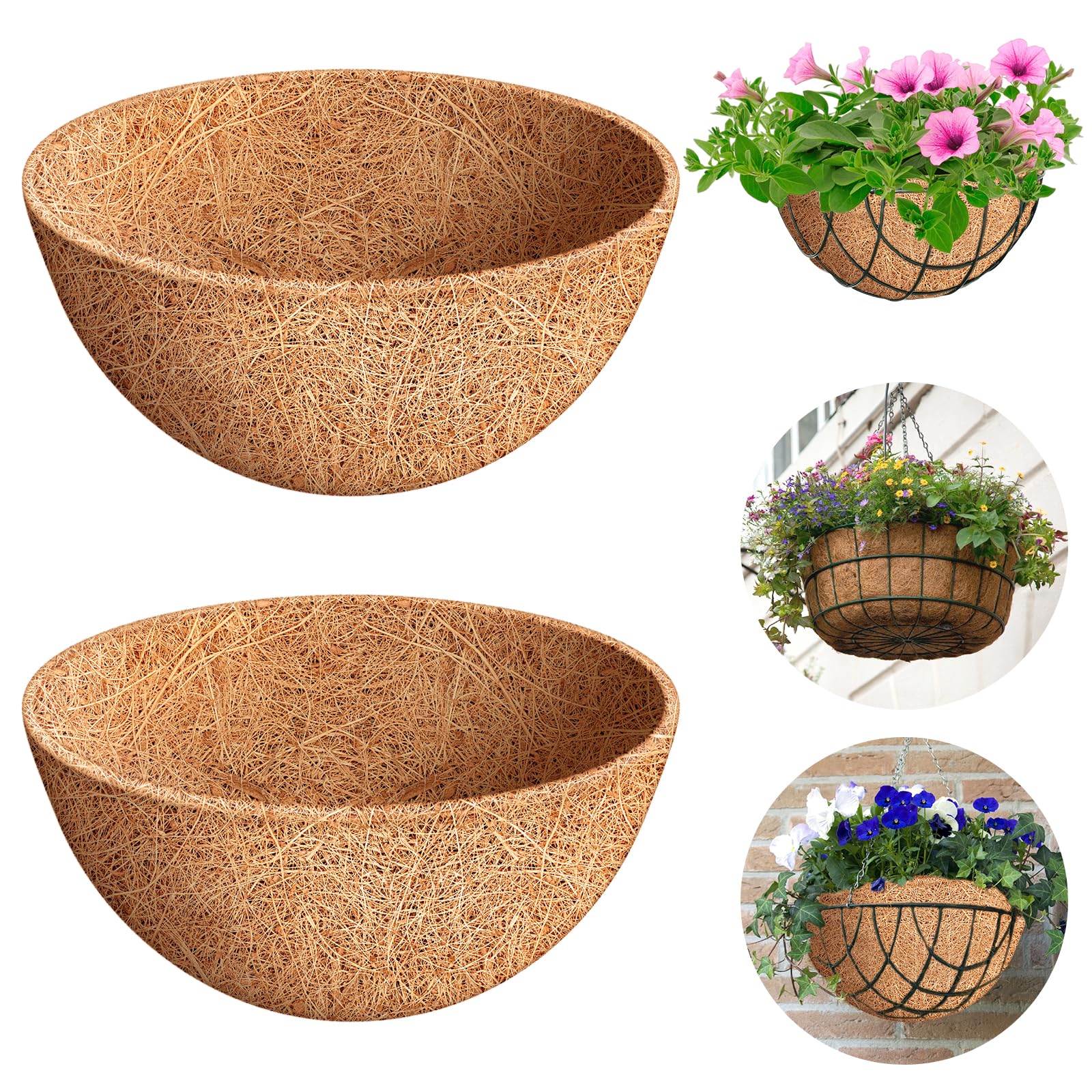 Riare 2Pcs Hanging Basket Liner 12inch Round Natural Coconut Coir Liners Planter Liner Coco Fiber Replacement Liner for Hanging Baskets Garden Flower Vegetables Planter Pot Window Box