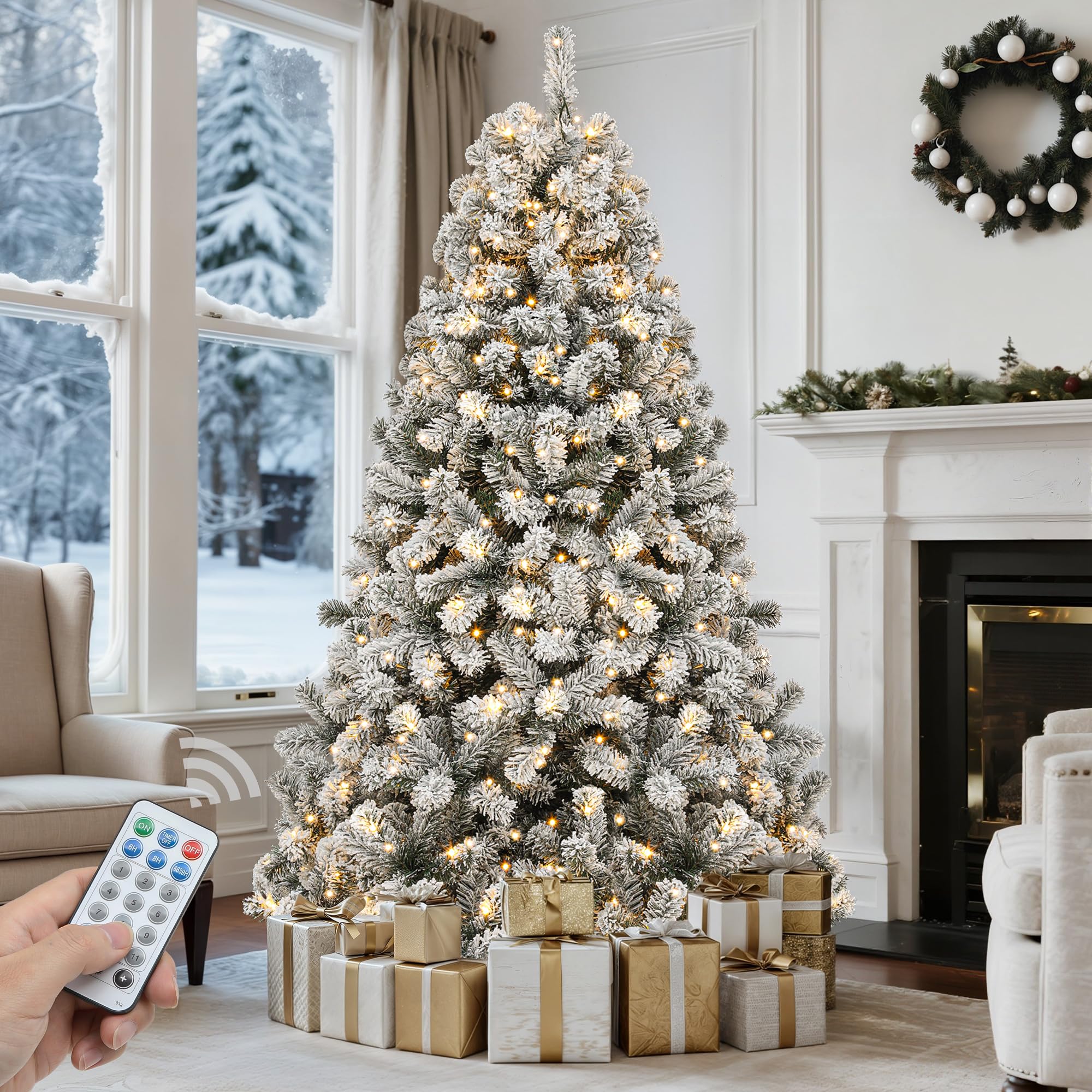 GOOBED Prelit Flocked Christmas Tree 7.5FT w/Remote &amp; 550 Lights