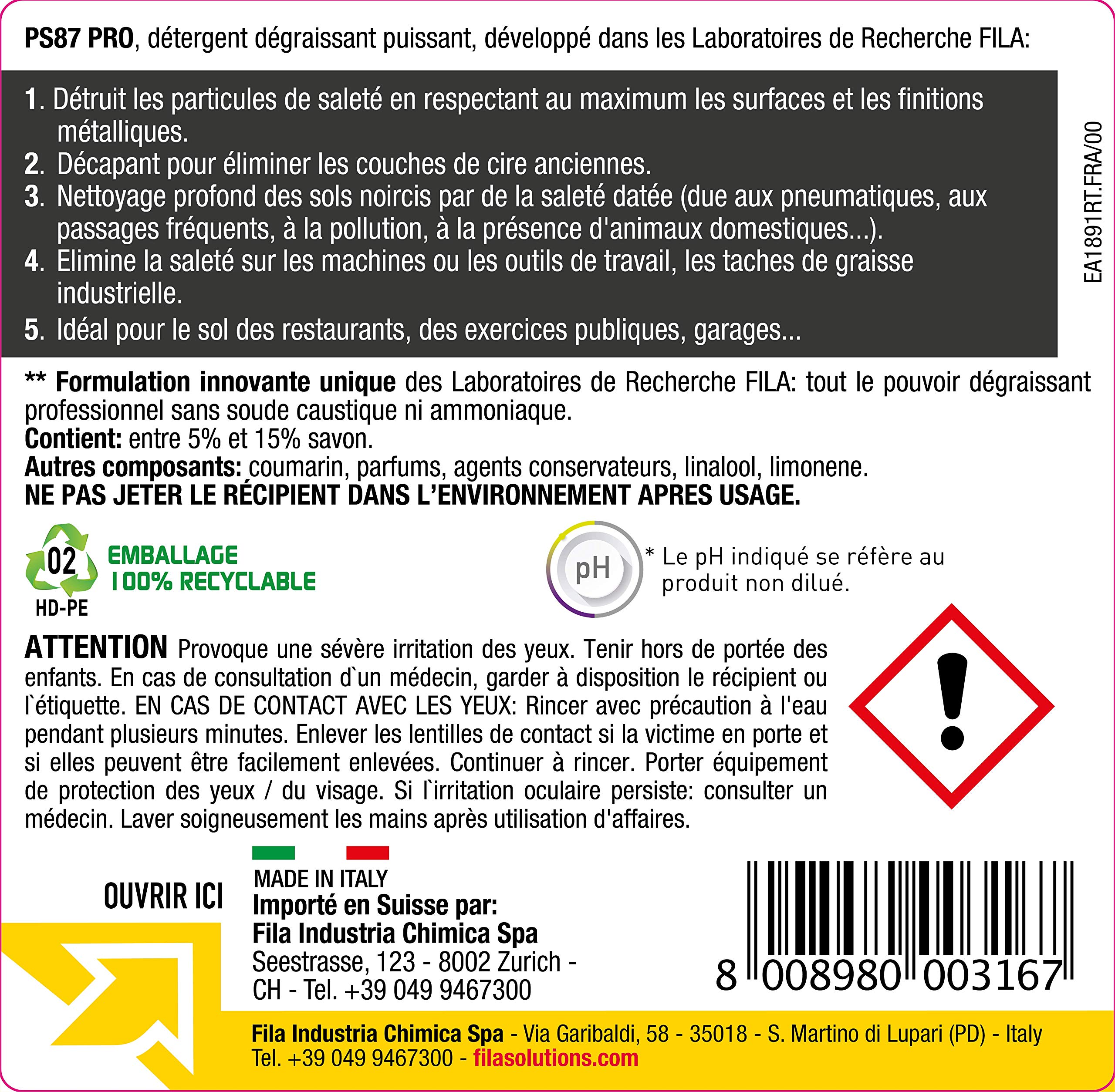 FILA Surface Care Solutions, PS87 PRO, Nettoyant Degraissant Professionel: Detergent Concentre Efficace contre la Graisse Stratifiee, 1L