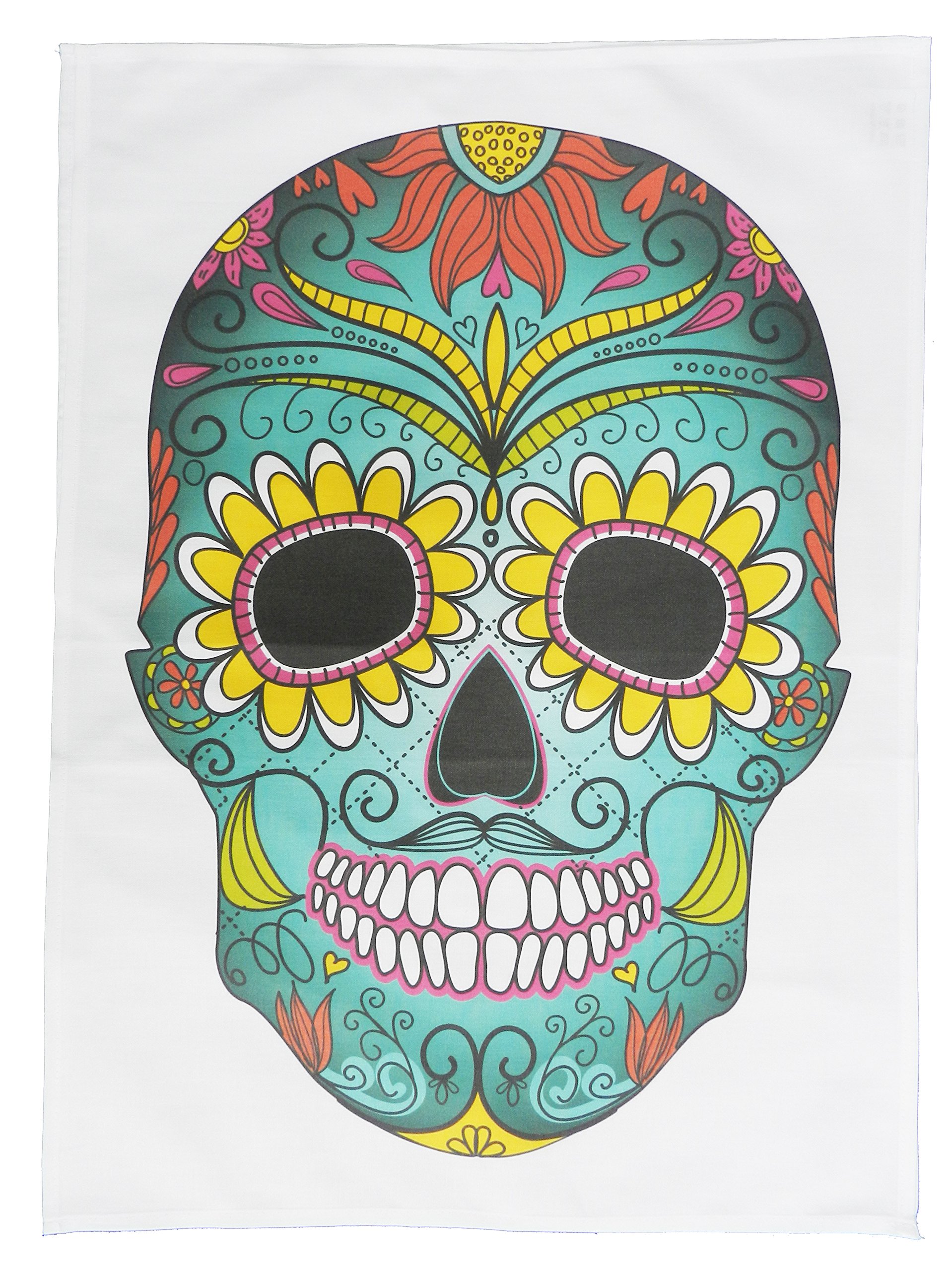 Half A Donkey Multicolour Day Of The Dead Large Coloured Skull Cotton Tea Towel