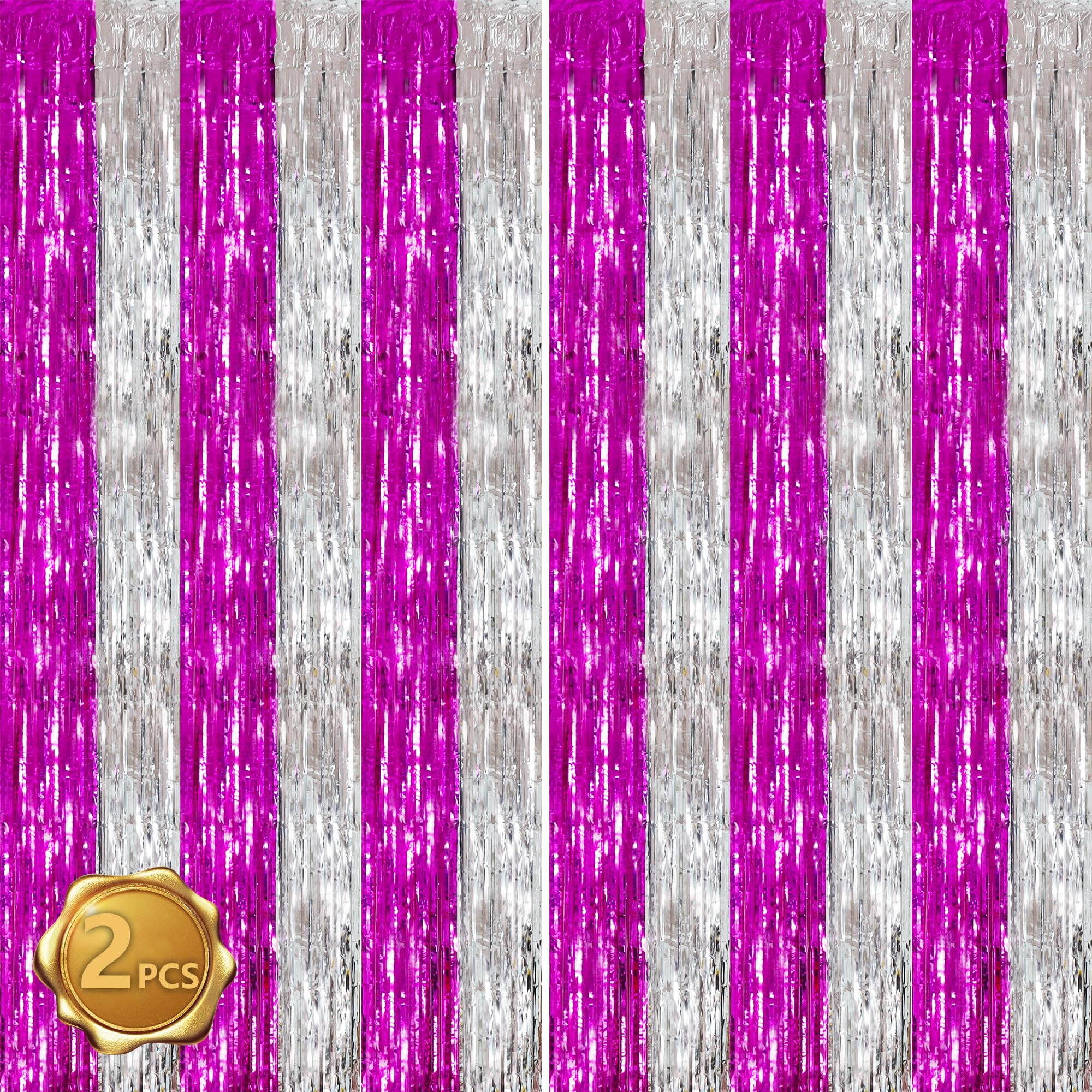 BEISHIDA Hot Pink Silver Door Streamers Backdrop Foil Fringe Tinsel Party Streamers Curtains Photo Backdrop - 2Pcs for Birthday Graduation Bachelorette Party Decoations