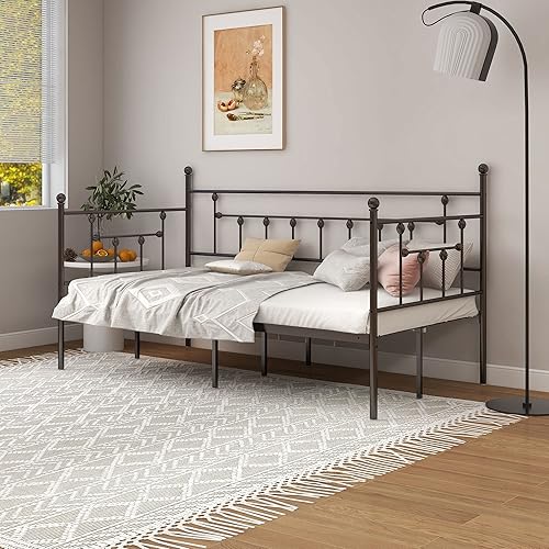Metal Twin Daybed Frame with Headboard Multifunctional Platform Bed Sofa for Living Room Guest Room Heavy Steel Slat Support Brown