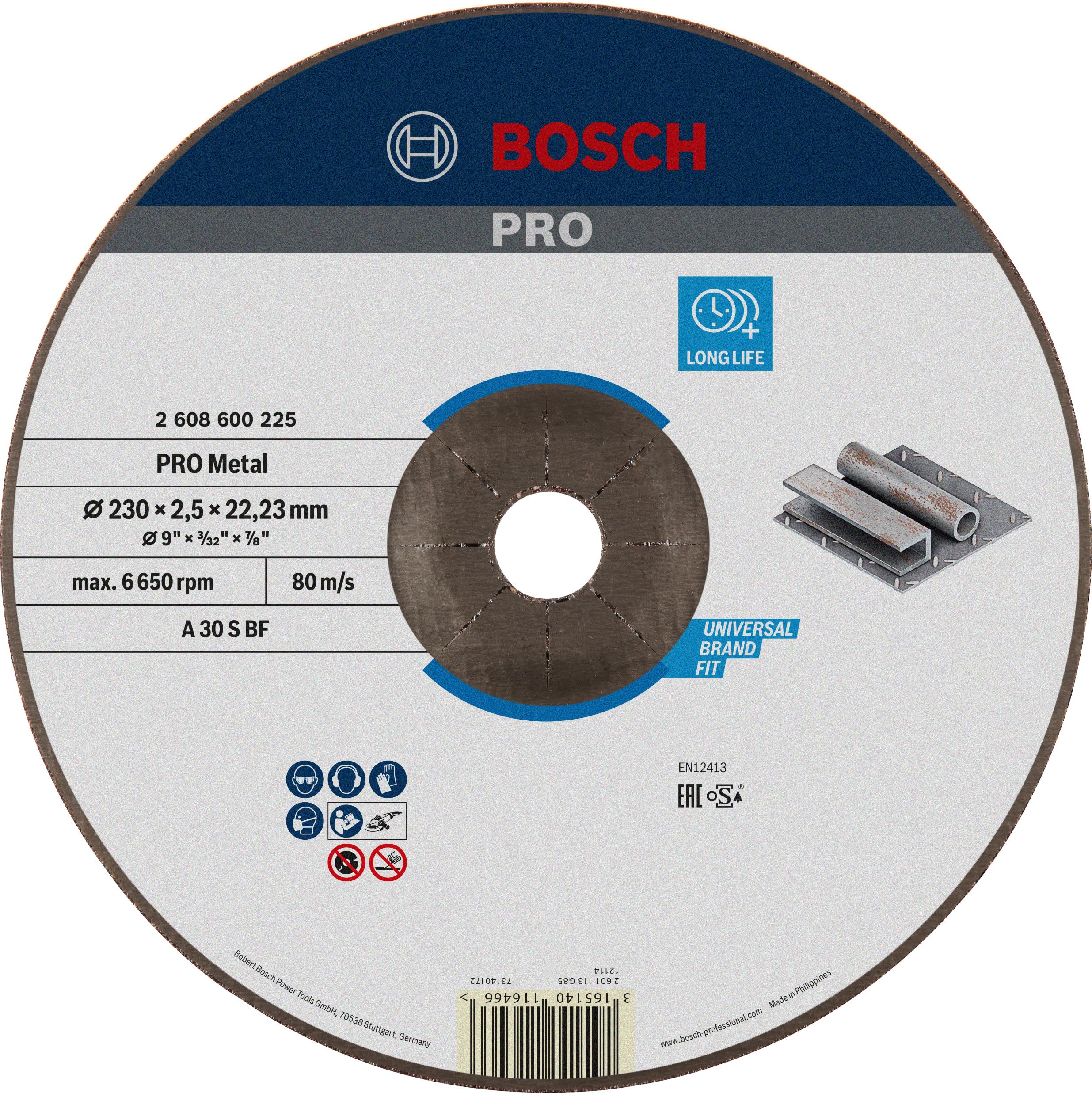 Bosch 1 x Pro Metal Longlife Cutting Disc for Large Angle Grinders and 22.23 mm Bore (for Steel, Diameter 230 mm, Professional Accessories Large Angle Grinder)