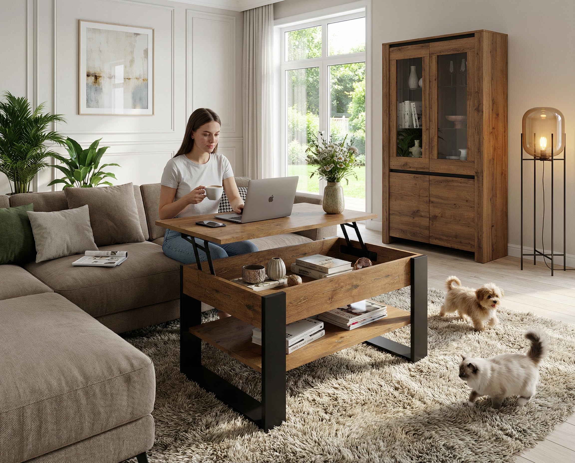 Mesa de Centro elevable | Mesa de salón Regulable con Almacenamiento | Roble Lancelot Negro con Estante y Compartimento Oculto