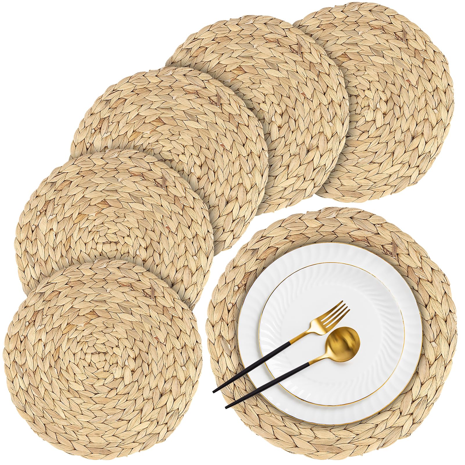 Set Di 6 Tovagliette Rotonde In Bucce Di Mais E Rattan | Stile Bohémien E Rustico Per Tavola Primaverile | Sottopiatto In Vimini Naturale - 2