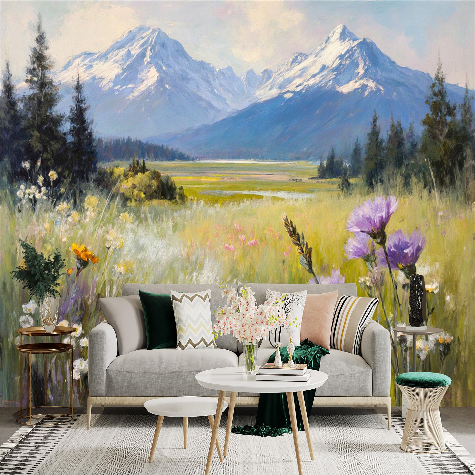 Lnzczhyre Xc260505948 Custom Size Wall Sticker Mural， Oil Painting Landscape， Snowy Mountain Peaks， Wildflower Meadow， Scenic Alpine Valley View， For Wall Decoration， Peelandstick Wall Decals.