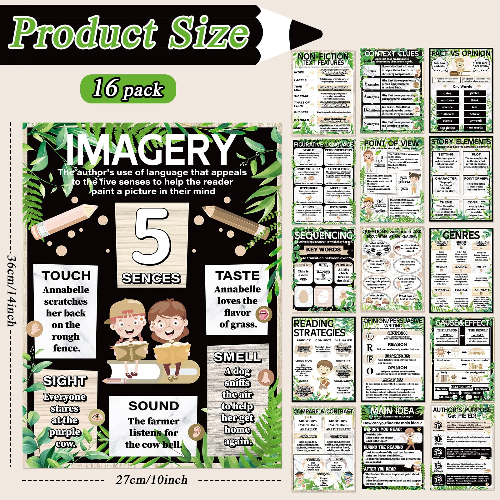 CHUNNIN 16Pcs Greenery Reading Comprehension Poster for Classroom Decoration Sign Boho Educational Motivational Literature Genre Bulletin Board Charts for Elementary Middle High School Wall Decor - Image 2