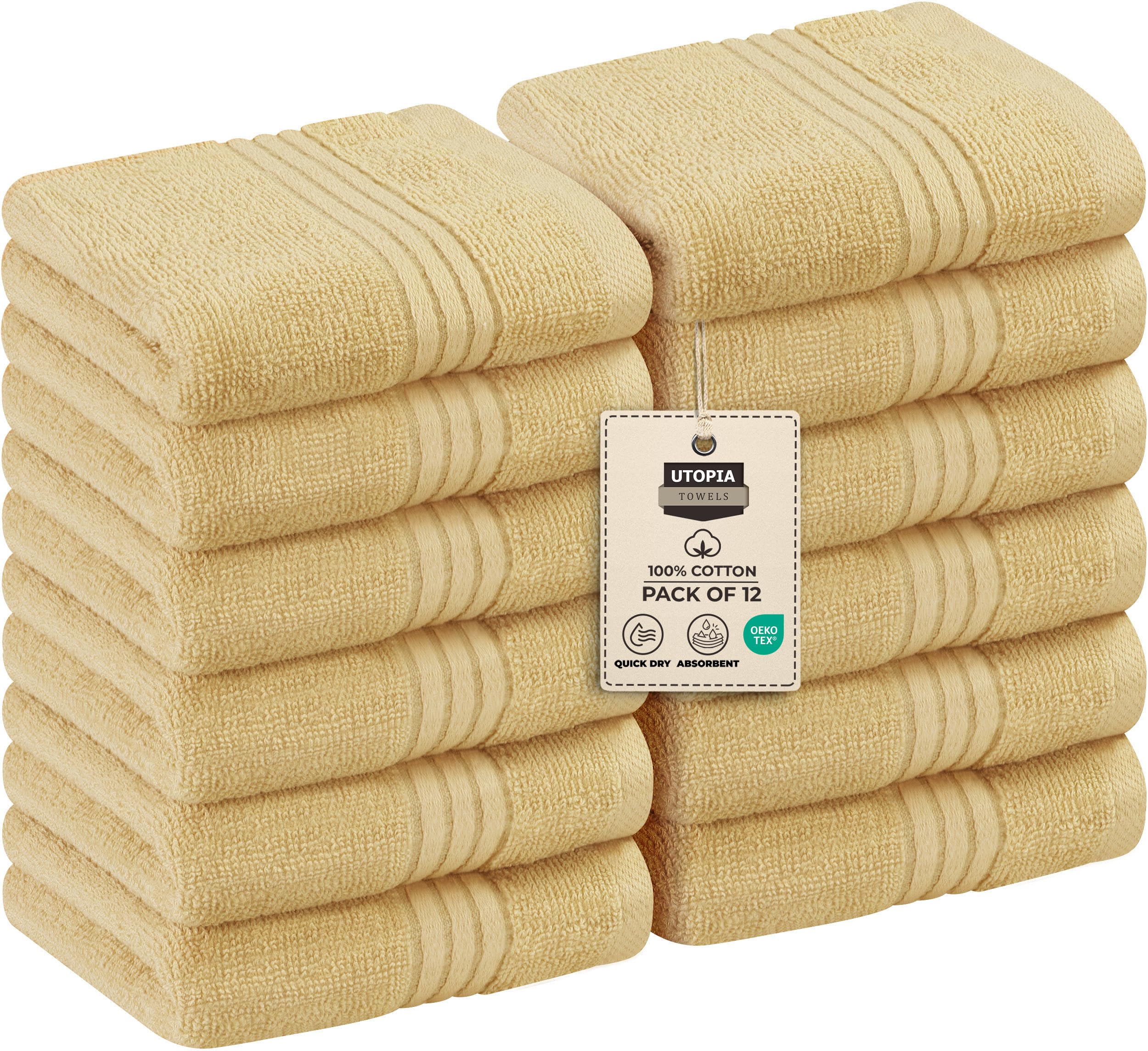 Utopia Towels 12 Pack Premium Wash Cloths Set, 12 by 12 Inches, 100% Cotton Ring Spun, Highly Absorbent and Soft Feel Washcloths for Bathroom, Spa, Gym, and Face, Beige