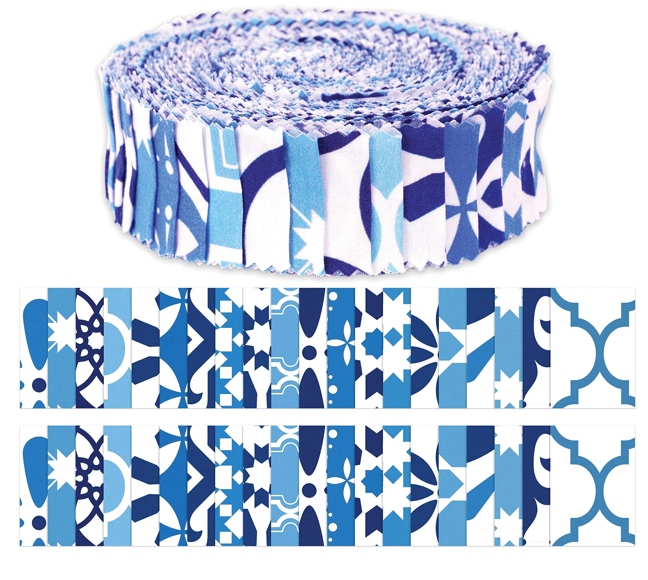 Soimoi 40Pcs Mosaic Print Precut Fabrics Strips Roll Up 1.5x42inches Cotton Jelly Rolls for Quilting - Medium Blue