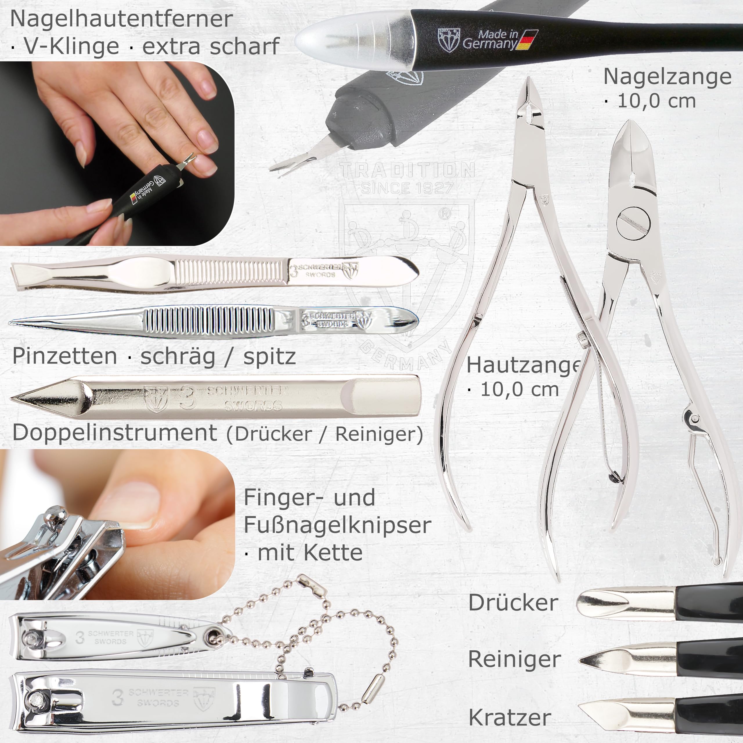 Drei Schwerter - Exclusivo juego de manicura y pedicura de 16 utensilios – Juego para el cuidado de las uñas/funda, fabricado en Alemania, varios diseños