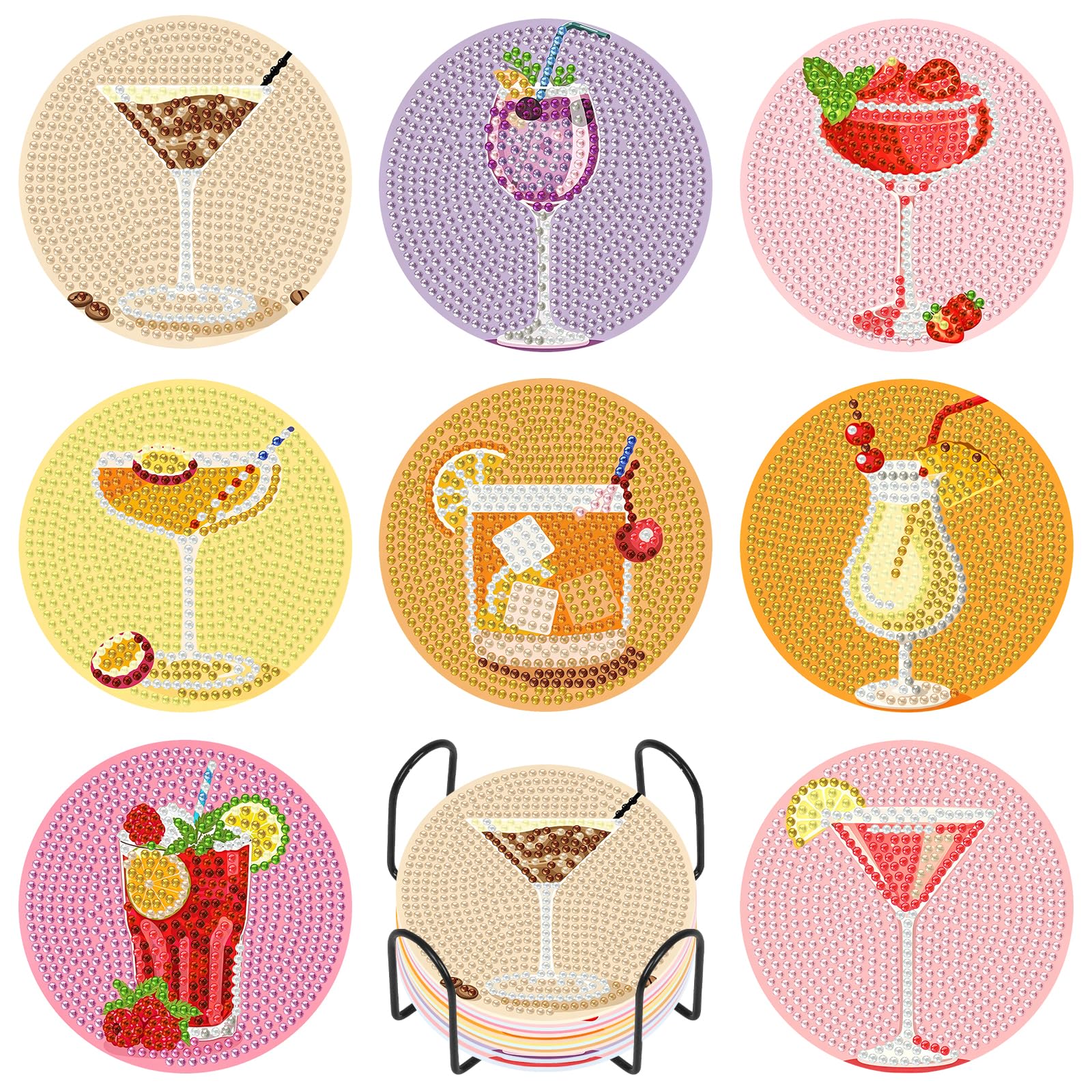 Pack of 8 Cocktails Diamond Painting Coasters with Holder for Adults, 5D Cocktails Diamond Cup Coasters, DIY Diamond Painting Adult Coasters, 5D Coasters, Non-Slip for Beginners