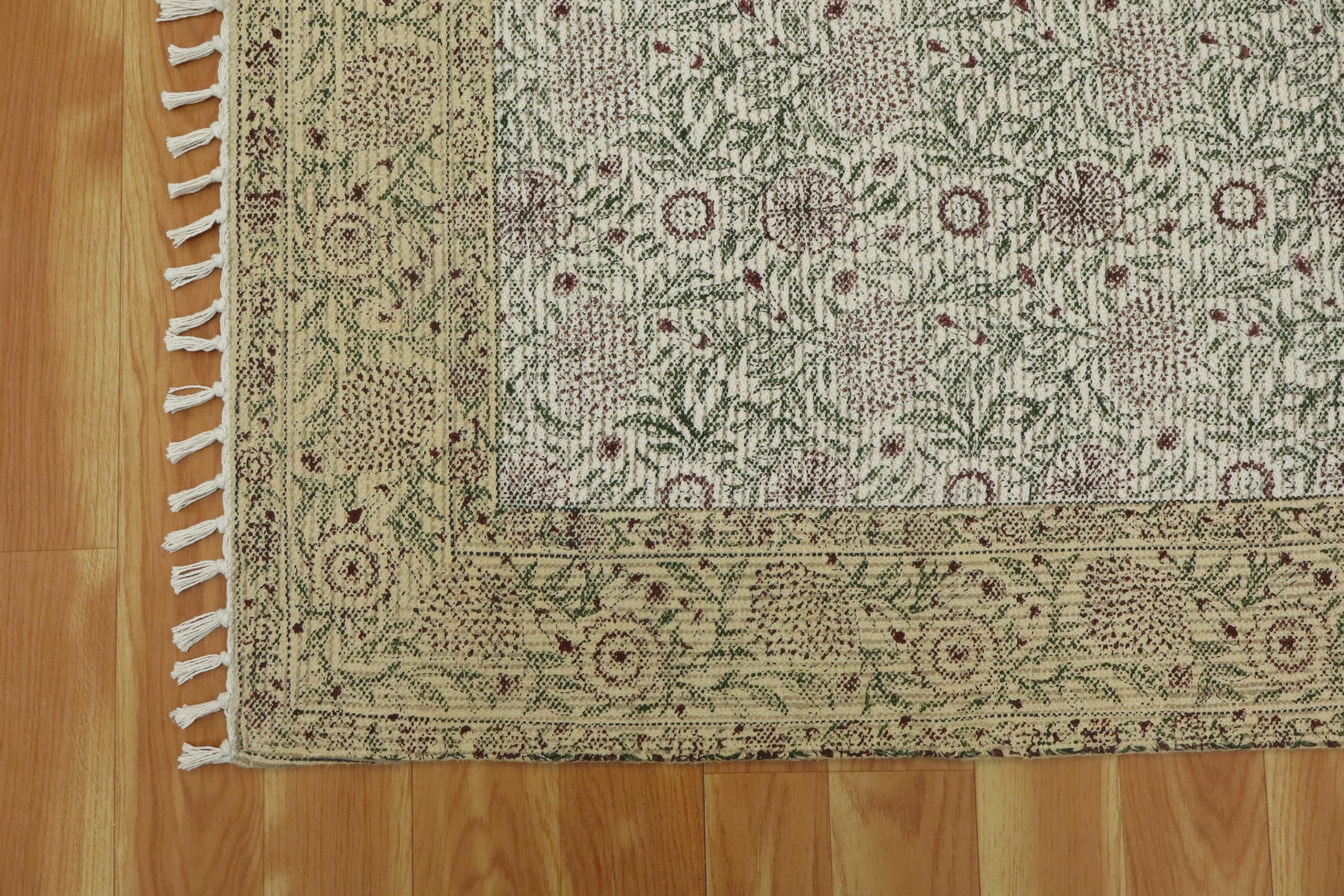 Kelim-Teppich aus Baumwolle, handbedruckt, 3 m, quadratisch, waschbar, 0,5 cm, Handwäsche, Flachgewebe, Braun und Beige, Blumenmuster, für drinnen und draußen, für Küche, Yoga