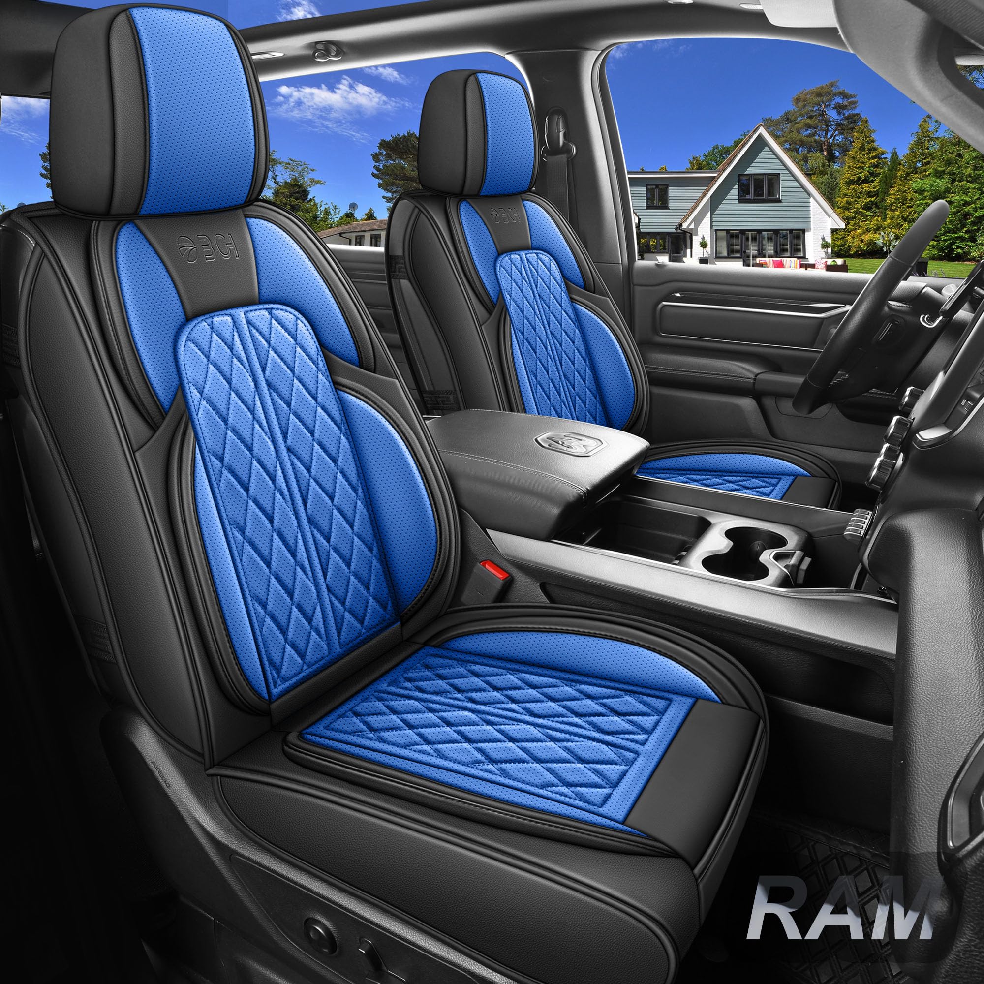 Car Seat Cover Custom Fit for Dodge Ram 1500 2500 3500 2002-2024 Faux Leather Seat Cover Set Compatible with Crew Quad Regular Cab Pickup Truck Cushions (Black & Blue, Full Set, Curved Rear)