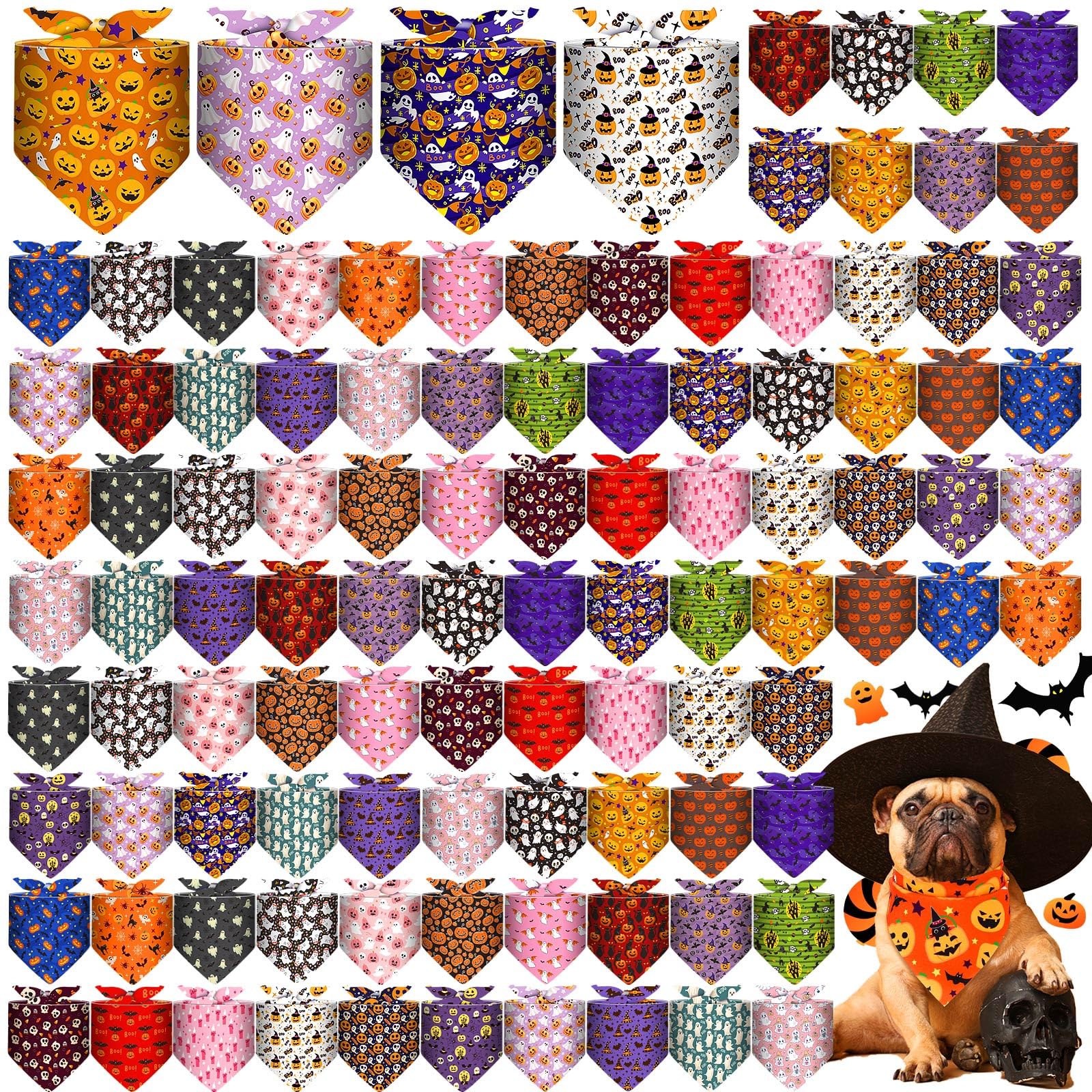 Locmeo 100 Pcs Halloween Dog Bandanas Bulk Ghost Pumpkin Triangle Scarf Bibs Handkerchief Outfit for Medium Small Puppy Cat Pet Accessories Festival Holiday Birthday Party Costume