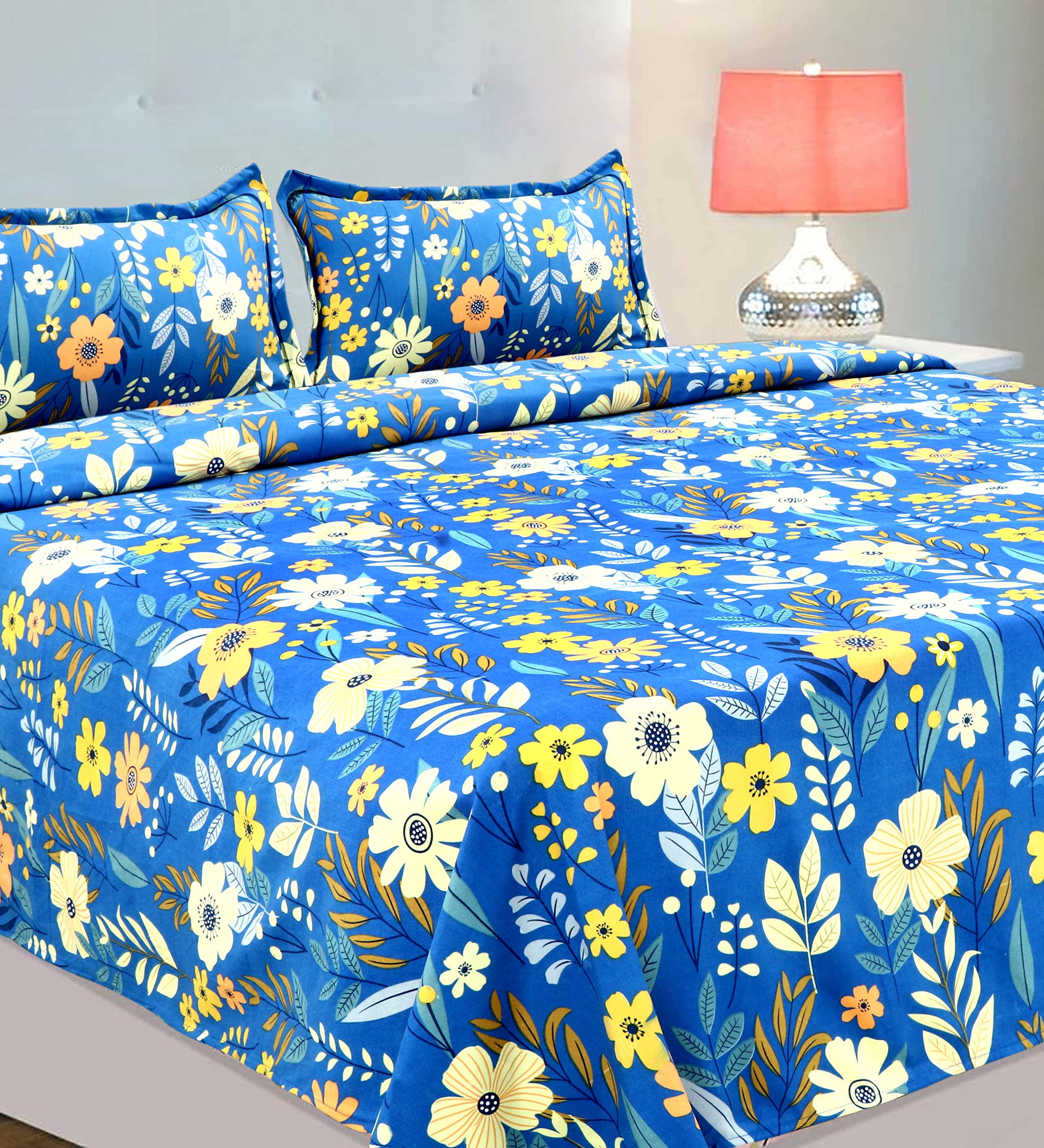 VAS COLLECTIONS Kingston Collection 1 King Size Bedsheet with 2 King Size Pillow Covers| Luxury Soft Sheets, Breathable, Shrinkage (3pcs Set) |108x108 inches or 274x274 cm-Blue & White 1