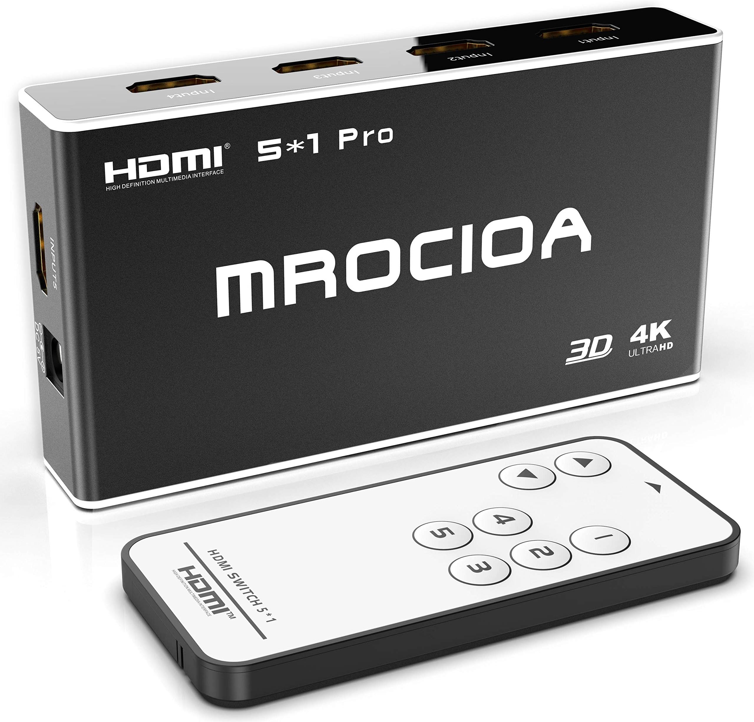 Hdmi Switch 4k, MROCIOA 5 In / 1 Out 4K 60HZ and HDR+ 3D Hdmi 2.0 Switcher Box with Remote, 5 Port 18Gbps Hdmi Selector Splitter for PS4 Pro/Xbox One X/Fire TV/Apple TV 4K / SKY BOX/Laptop/Roku.