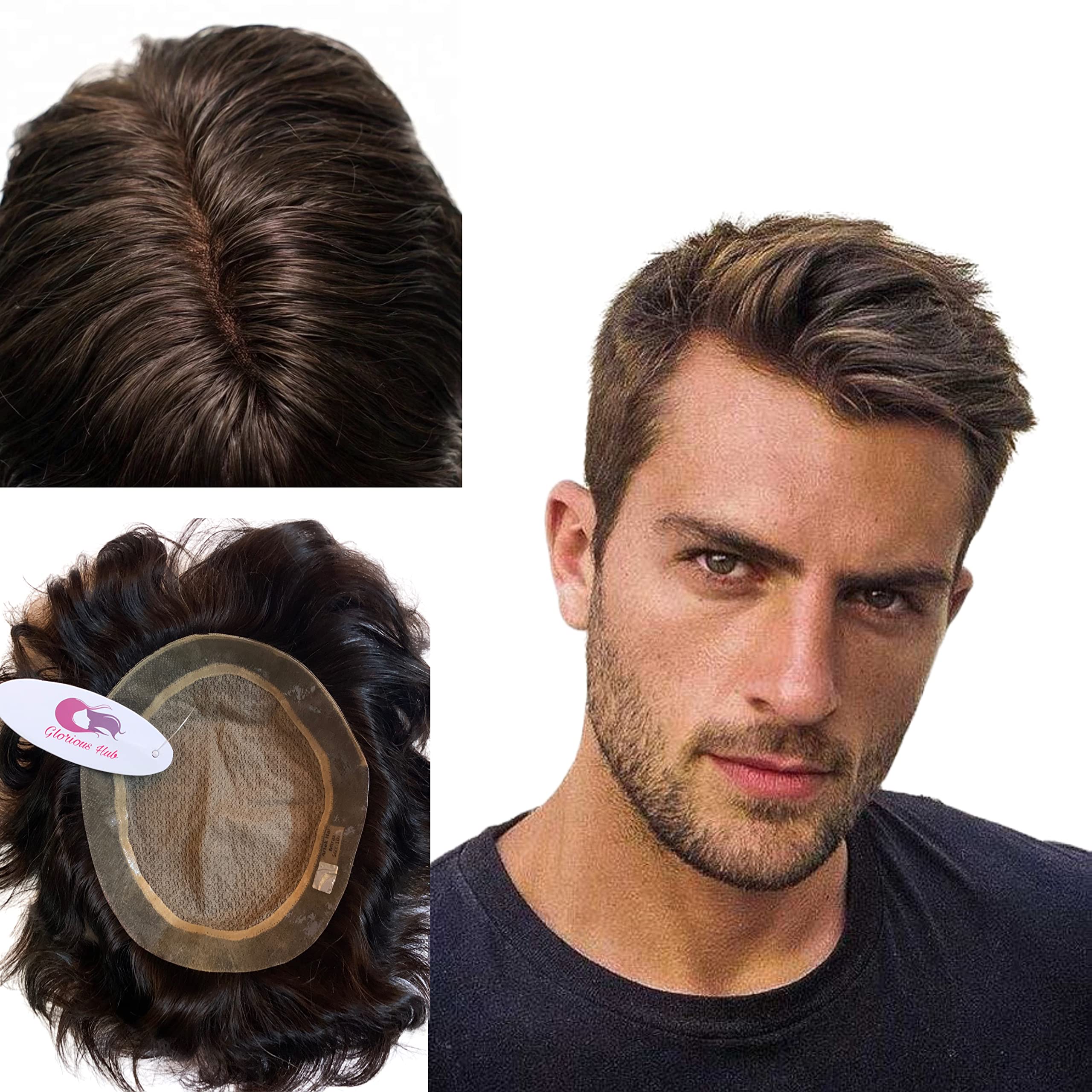 Glorious Hub 8x6 MIRAGE Skin Base Men's PREMIUM Hair Patch for Men 100% Remy Human Hair Wig Original Undetectable Hair Toupee Non Surgical Hair Replacement System can be used with Hair Patch Tape, Clips or Glue, Natural Black Hair