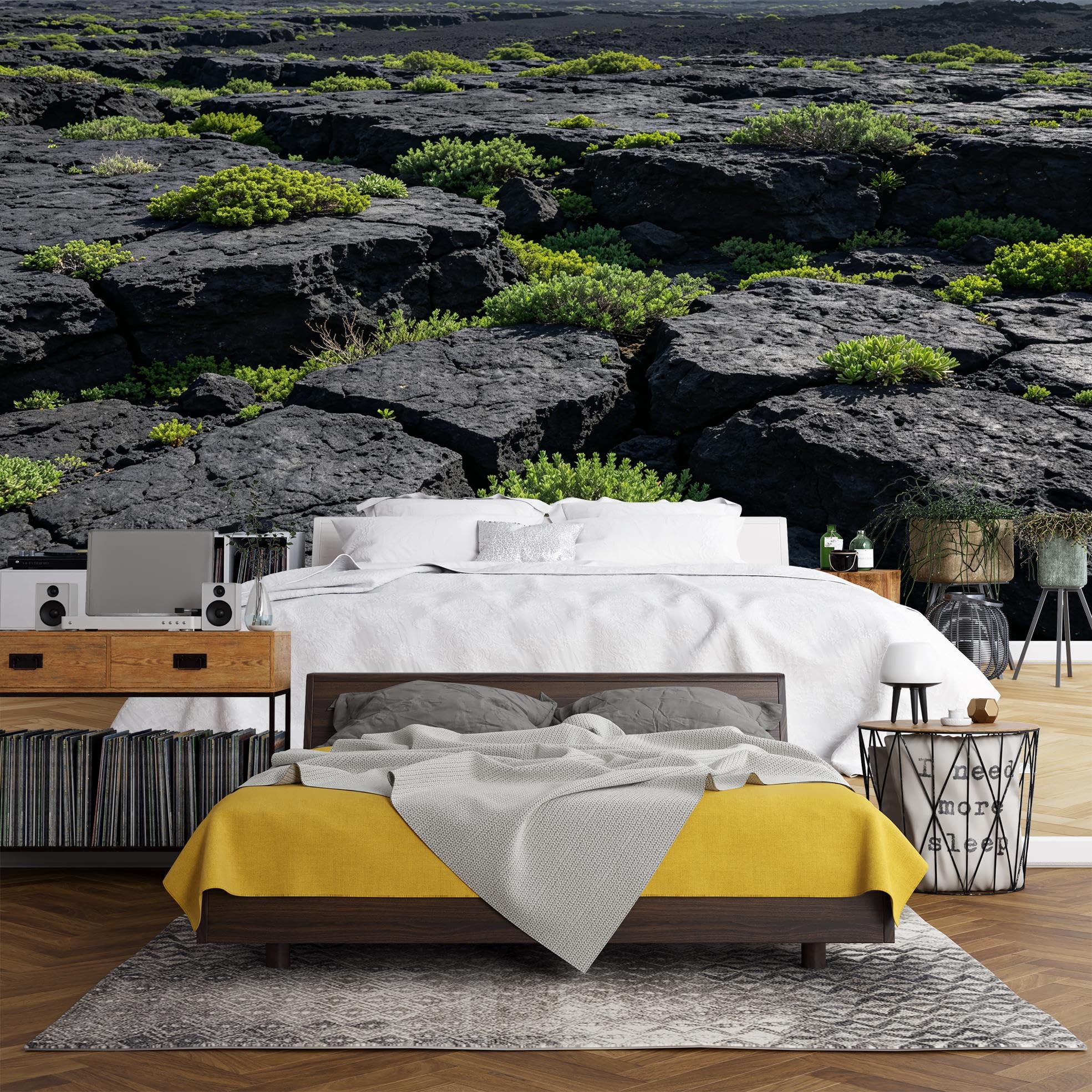 Murale Panoramico in Pietra Lavica Nera, Carta da Parati in Vinile Denso Resistente Impermeabile Autoadesiva per Paesaggi Vulcanici Naturali e Rimosso, 400×280Cm (157×110inch)