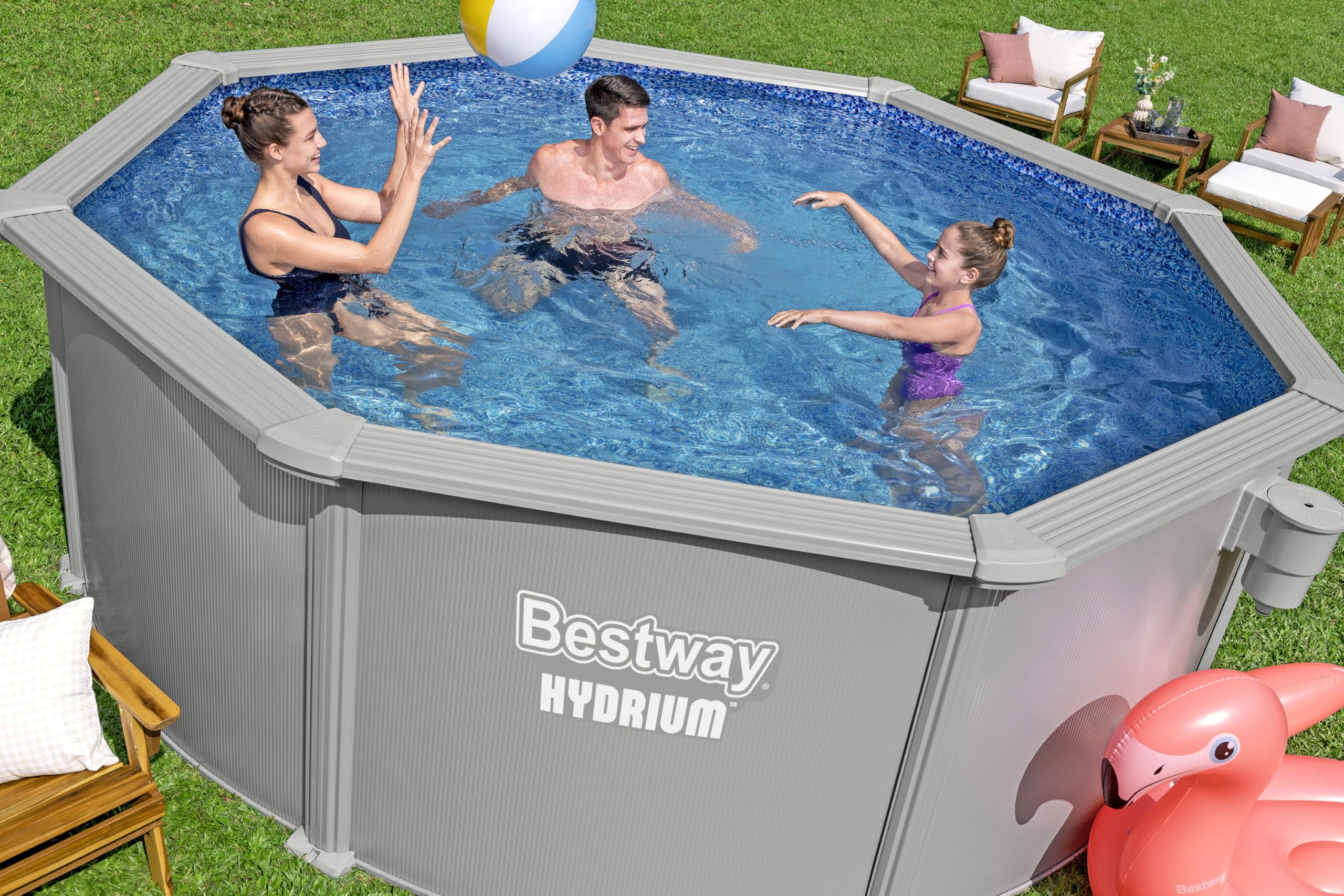 Bestway Hydrium Stahlwandpool Komplett-Set rund 366 x 122 cm Granitgrau Gartenpool Aufstellpool mit Sandfilteranlage