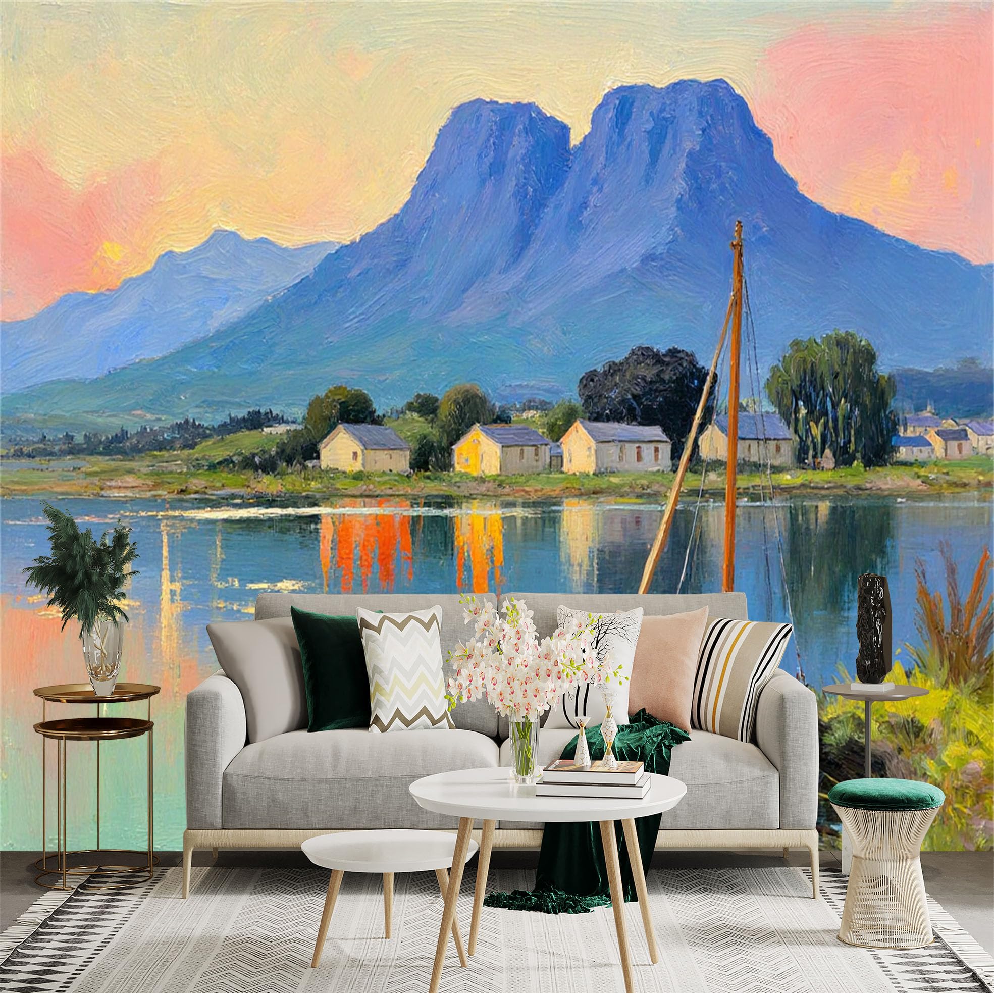 Lnzczhyre Xc260505745 Custom Size Wall Sticker Mural， Impressionist Seascape With Mountain Reflection， Lakeside Boat Houses At Sunset， For Wall Decoration， Peelandstick Wall Decals.