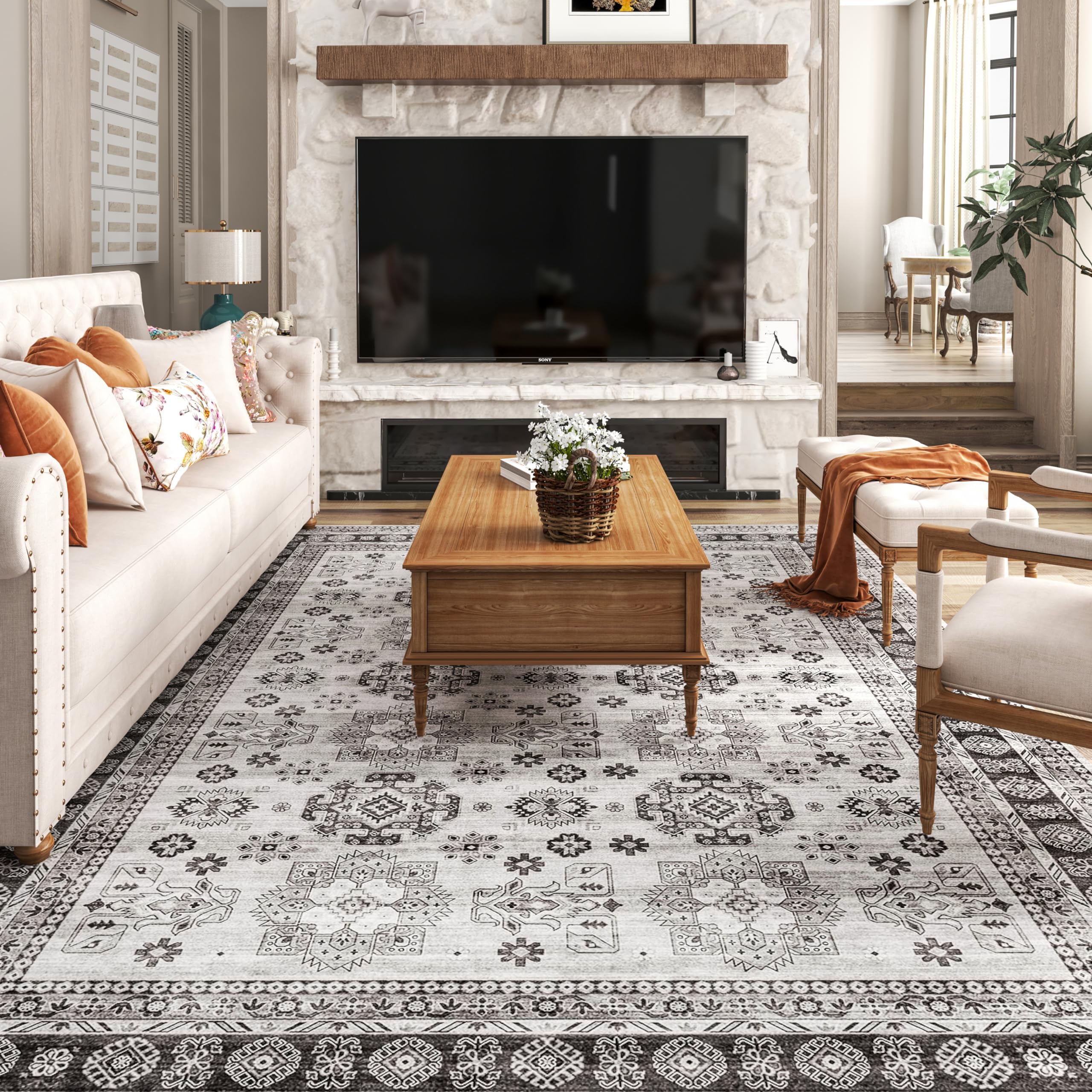 tchdio Vintage Area Rug, 8x10 Rugs with Nonslip Backing for Living