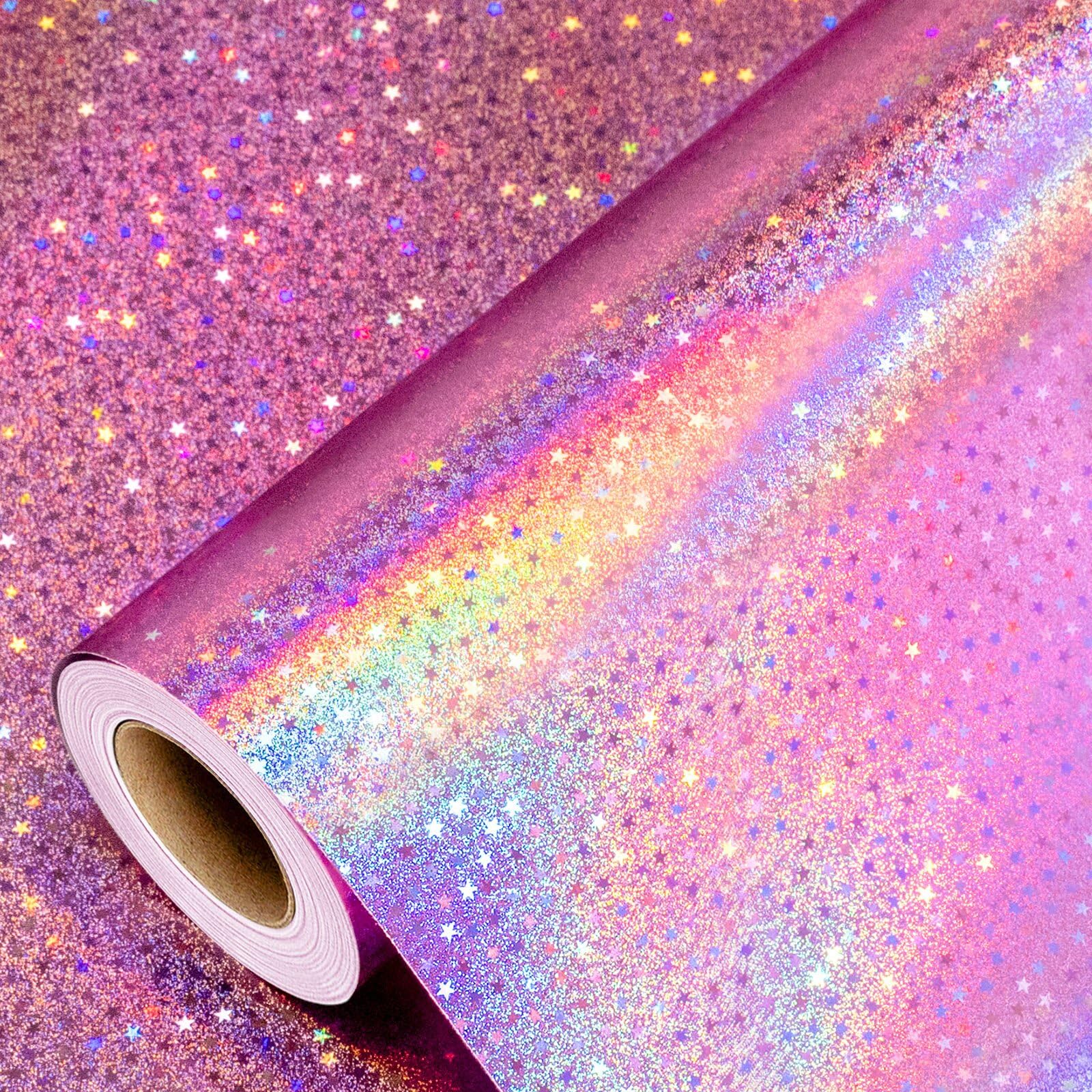 Burymento Pink Wrapping Paper Jumbo Roll, Holographic Star Gift Wrap