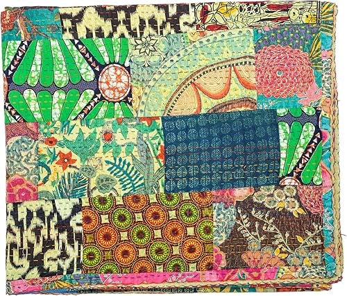 Miniatura 8 de Marubhumi Edredón tradicional indio de algodón puro, estampado de cachemira, colcha Kantha multicolor (multicolor-22, Queen (90 x 108 pulgadas)