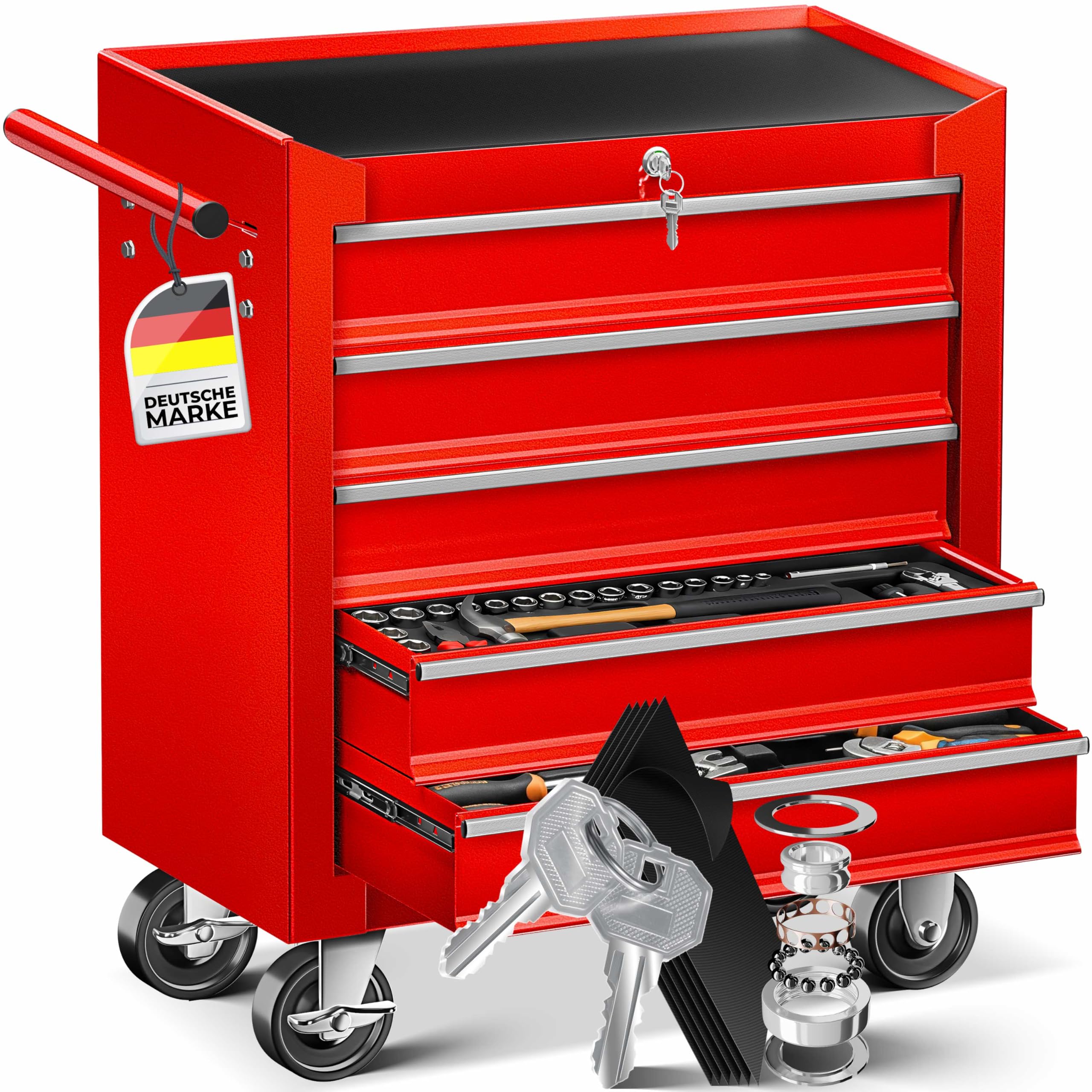 Masko® Carro de taller con 5 cajones y cerradura, rojo, metal macizo. Carro de herramientas profesional y movible sin equipamiento, carrito con ruedas para almacenamiento de herramientas con candado