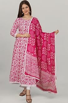 MEERA FAB Women's Cotton Printed Anarkali Kurta with Palazzo & Dupatta Set