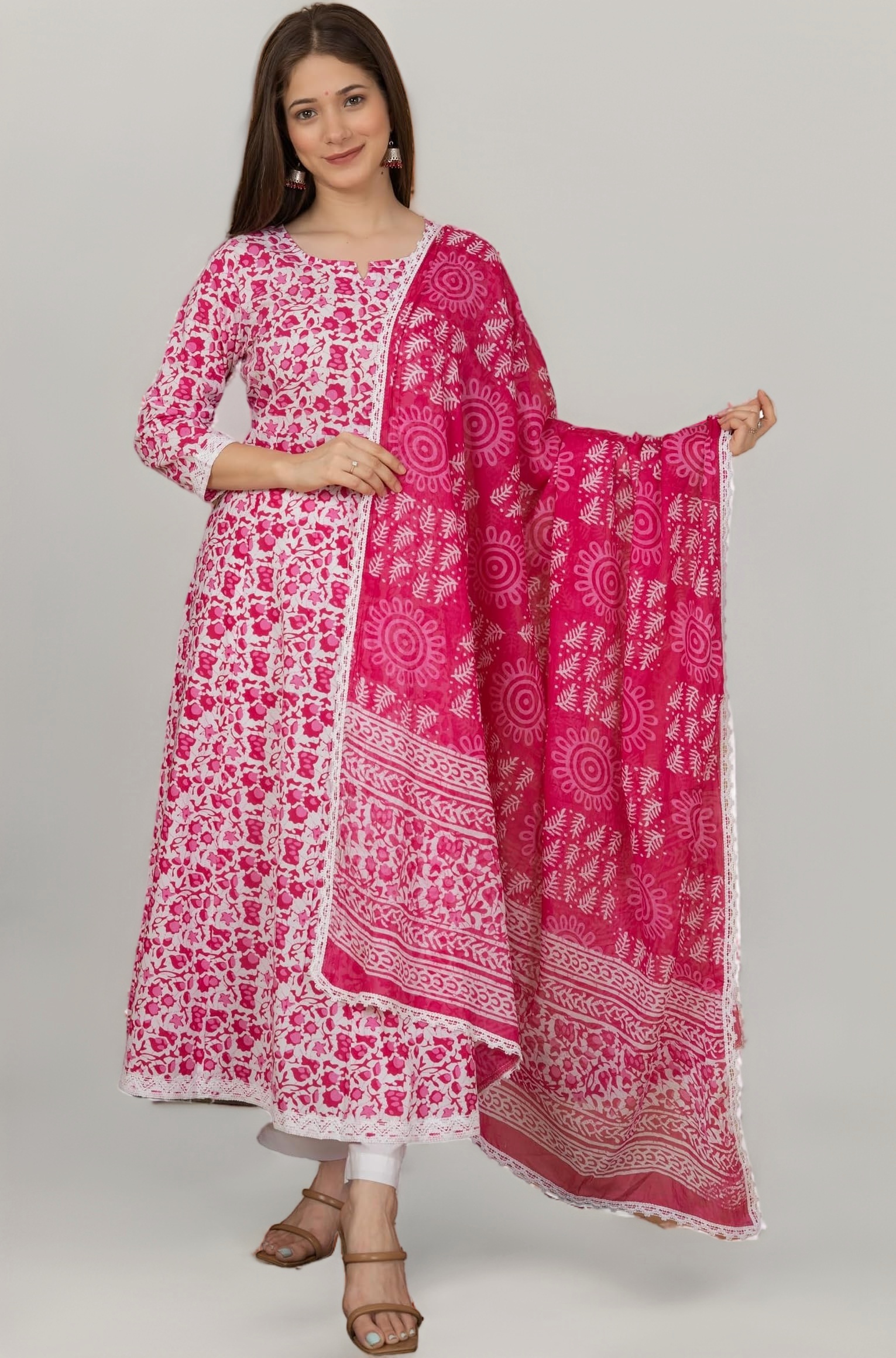 MEERA FAB Women's Cotton Printed Anarkali Kurta with Palazzo & Dupatta Set