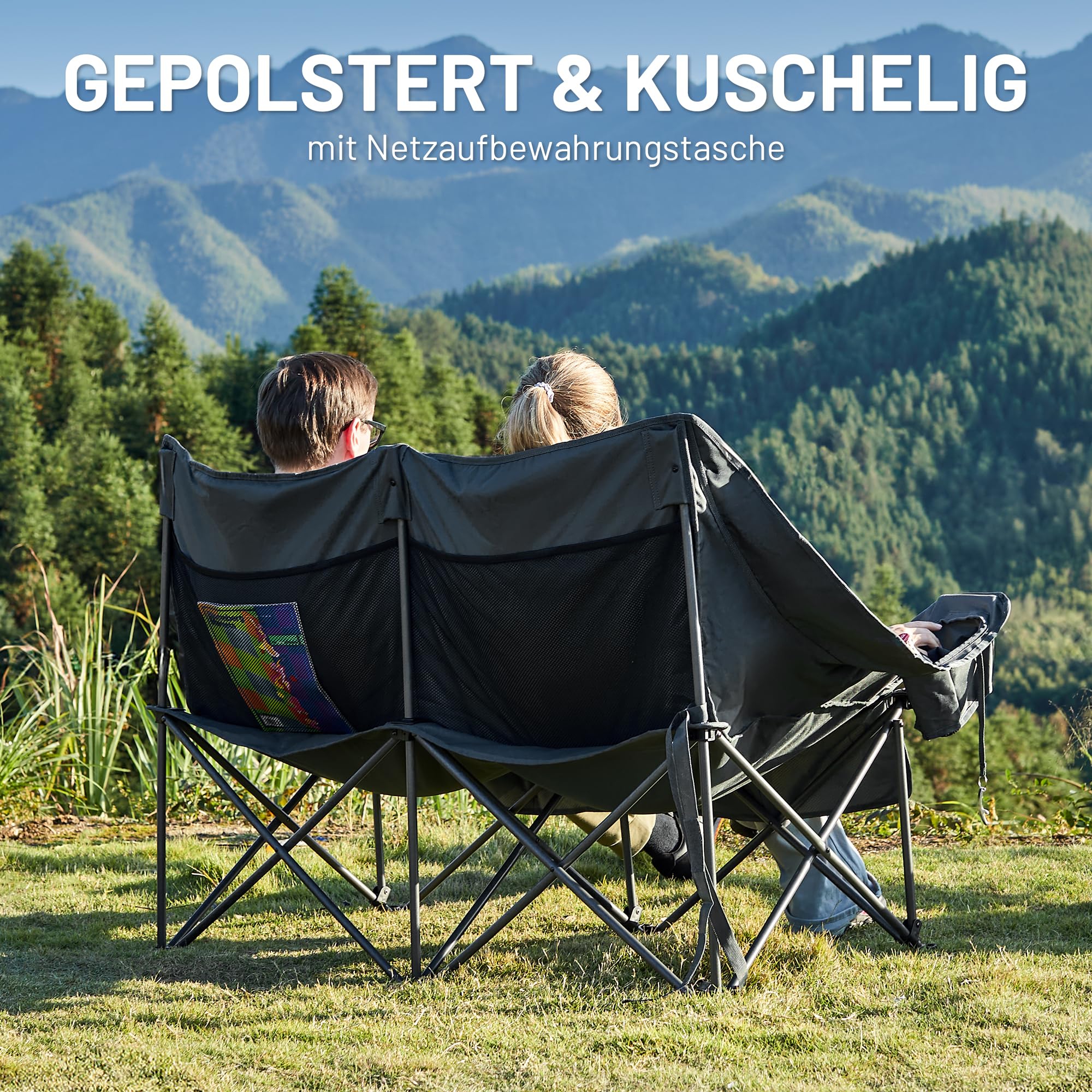 TIMBER RIDGE Campingstuhl Faltbar für 2 Personen 320KG Belastbar Faltsofa Klappstuhl XXL 2 Sitzer Campingsofa mit Getränkehaltern und Seitentasche Hohe Lehne Sessel für Outdoor Camping Balkon Garten