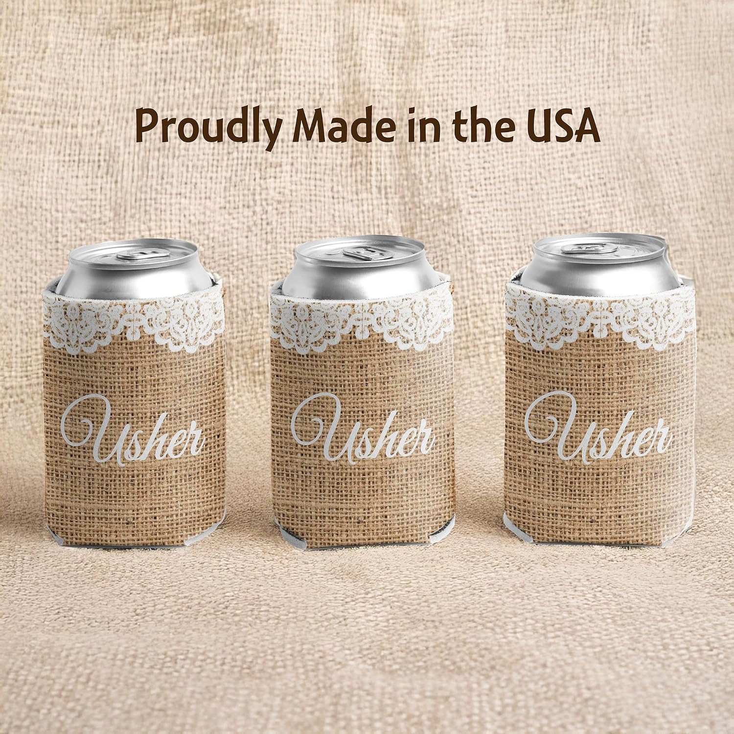 VictoryStore Burlap Rustic Wedding Party Can Coolers – Usher Design – Foam Insulated Beverage Sleeves for 12-16 oz Cans & Bottles – Wedding Favors, Bachelorette Party Gifts