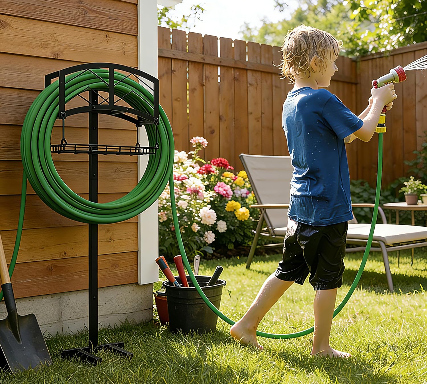 Kingson Portable Garden Hose Holder with Storage Basket - Heavy-Duty Black Steel Construction, Holds 150FT Hose, Freestanding & Detachable Design with Tools for Easy Assembly