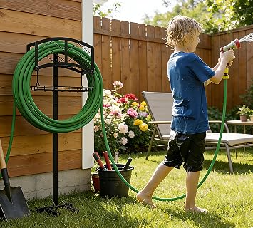Kingson Portable Garden Hose Holder with Storage Basket - Heavy-Duty Black Steel Construction, Holds 150FT Hose, Freestanding & Detachable Design with Tools for Easy Assembly