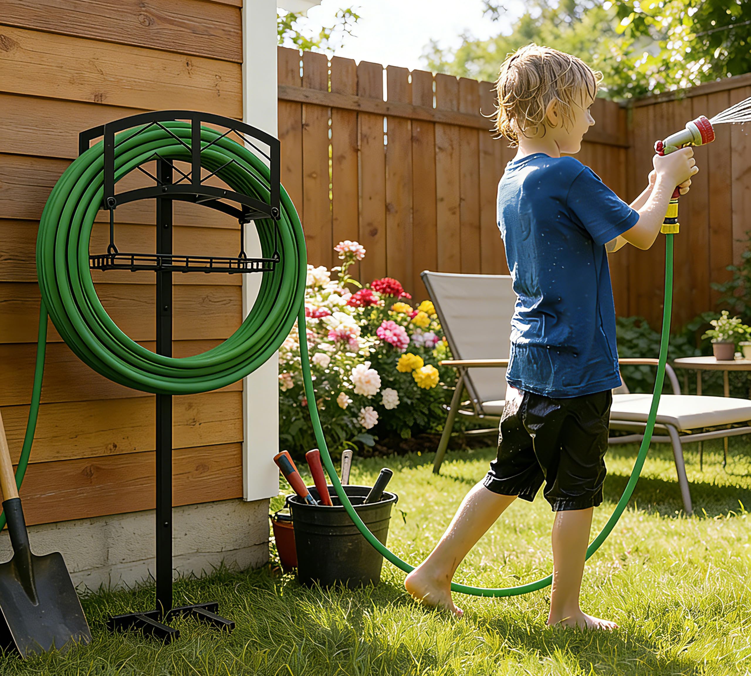 Kingson Support tuyau arrosage portable, panier rangement, acier noir robuste, contient tuyau 45m, design amovible outils