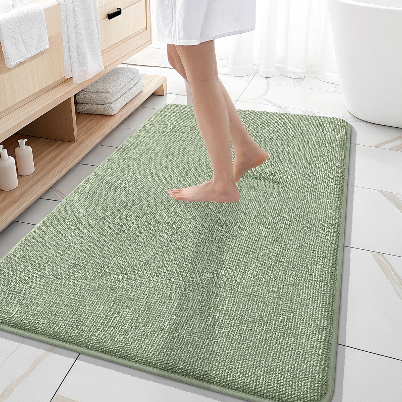 OLANLY Memory Foam Large Bathroom Rug 59x35, Absorbent Bath Mat, Sage Green