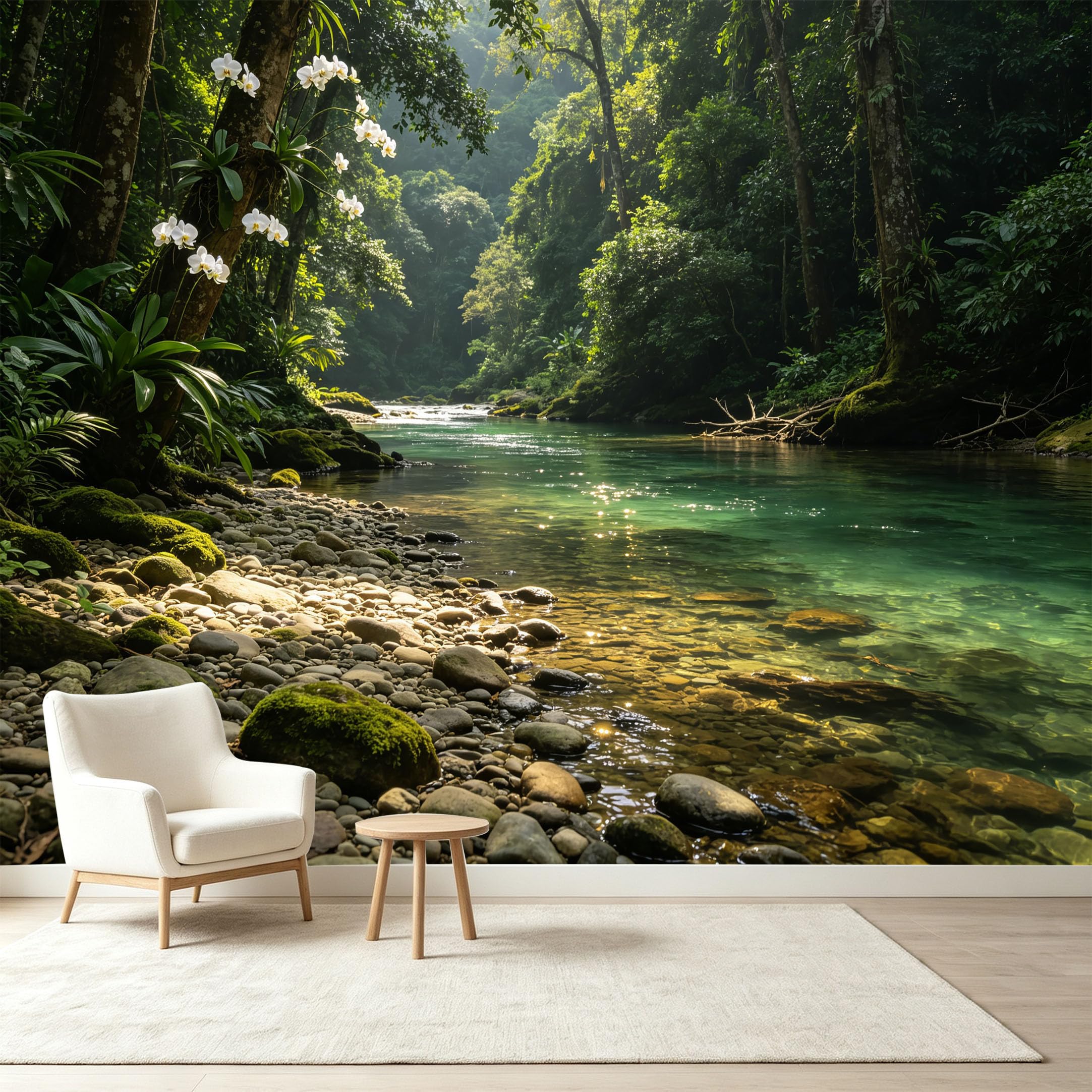 Custom Size Wall Murals Tropical Rainforest Landscape Orchid River Pebble Stone Self-Adhesive Wall Fabric Removable Wallpaper Wall Decor for Living Room Bedroom Bathroom