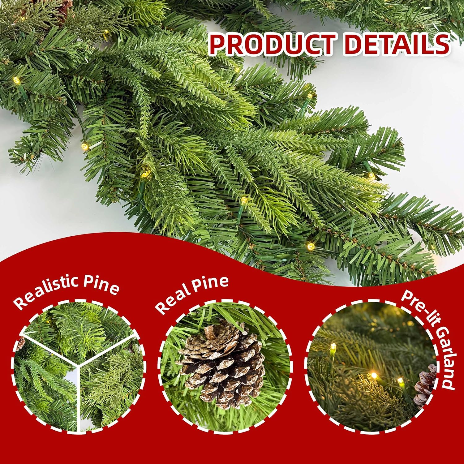 6Ft Cascading Prelit Christmas Garland for Mantel, Thick Green Light-up Garland Decorated with 80 LEDs & Pine Cones for Fireplace, Stair Railing Decor, Battery Operated