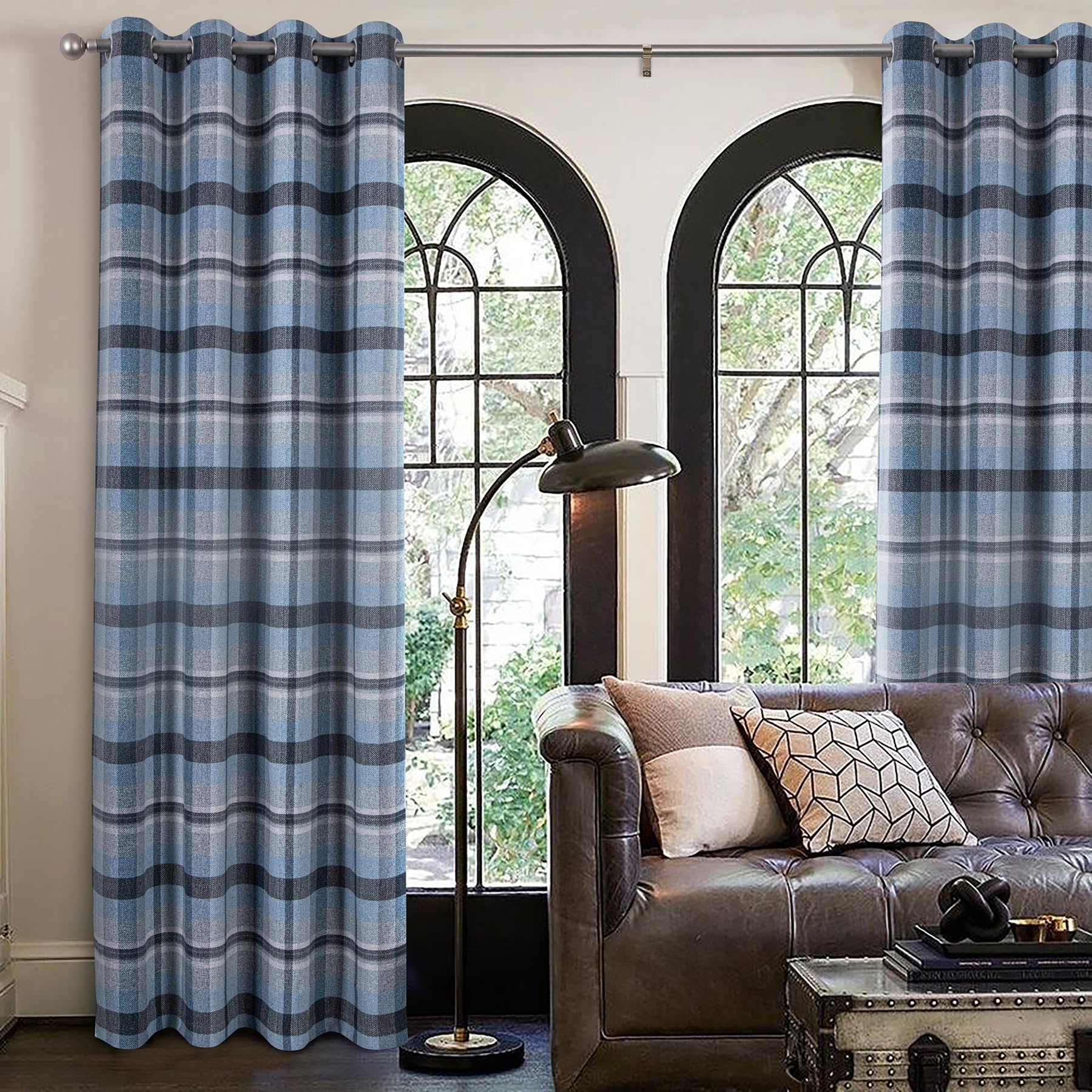always4u 100% Blackout Tartan Curtains Highland Check Eyelet Curtain Woolen Look Plaid Brushed Cheque Pair of Window Treatment for Bedroom Living Room Light Blue 66 * 90 Inches