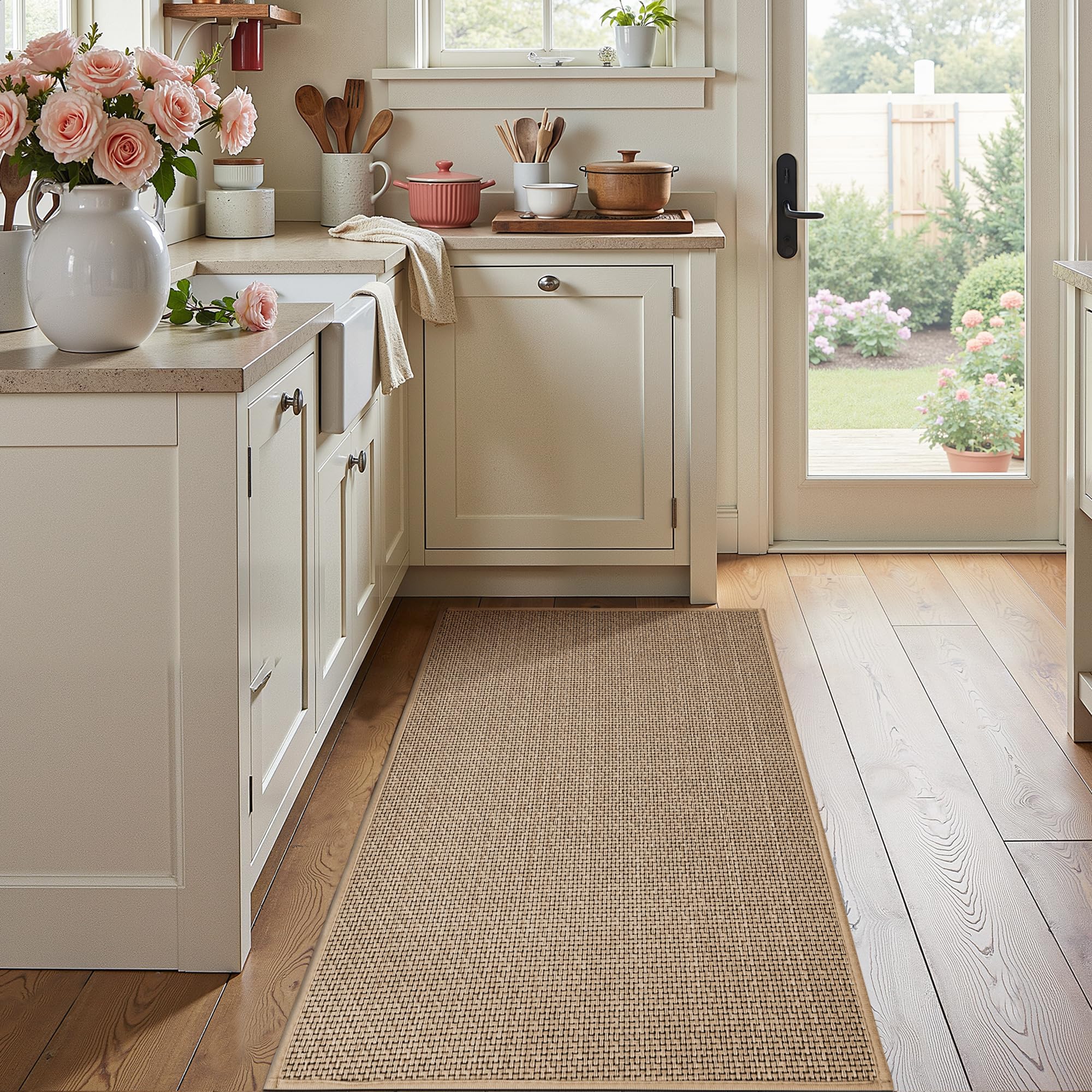 Photo 1 of Kitchen Rugs Non Slip Washable 24x36, Cushioned Rugs for Kitchen Floor, Absorbent Runner Rug Comfort Mats with Rubber Backing for Kitchen, Hallway, Office, Bathroom, Bedroom, Home Beige, 24"x36"
