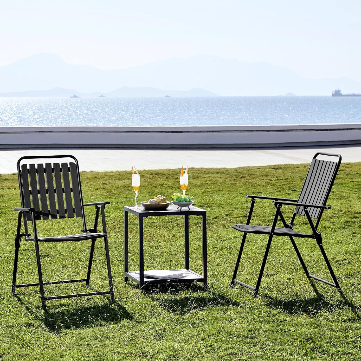 Yaheetech Folding Patio Chair Set of 2, Outdoor Dining Chair with Armrests, Plastic Patio Chair for Porch, Deck, Garden, Backyard, No Assembly Black
