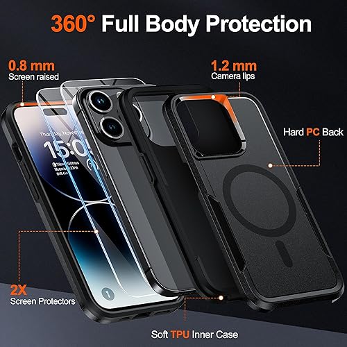 Miniatura 4 de Funda diseñada para iPhone 15 Pro, 2 protectores de pantalla, compatible con MagSafe, protección militar de 15 pies, doble capa, resistente y